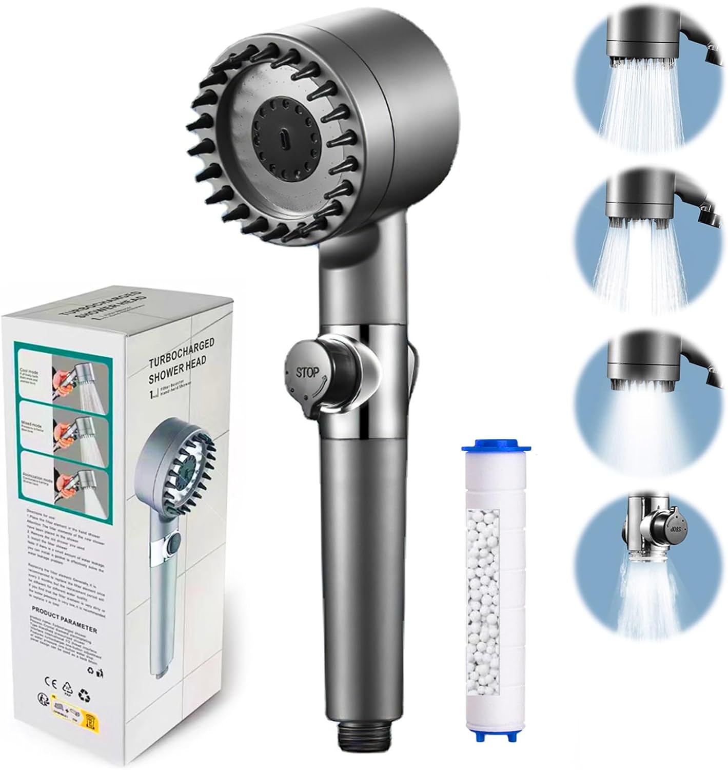 Shower Head,4 Modes with Pause Button High Pressure Shower Head with