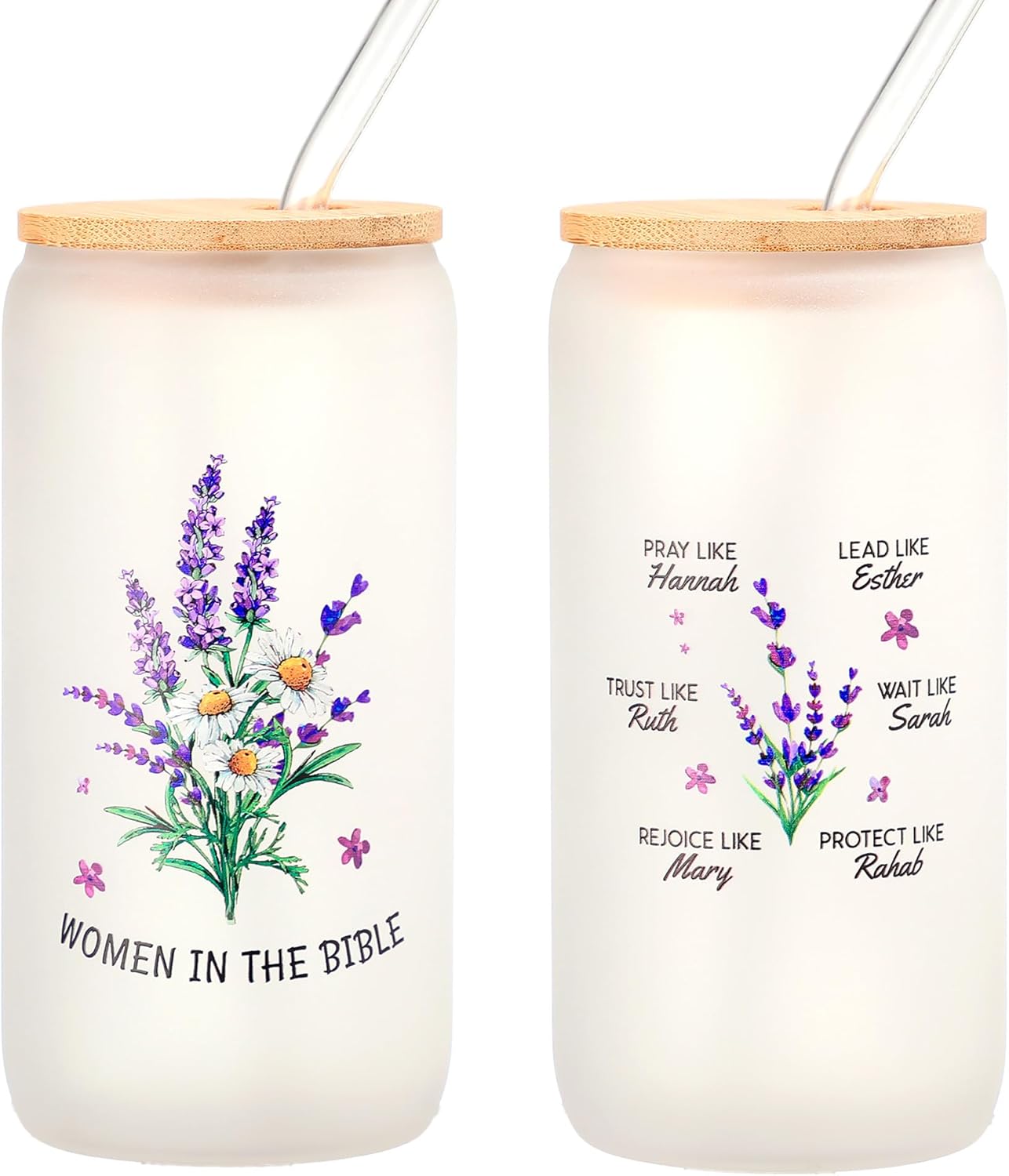 Christian Gifts for Women - Women of the Bible Glass Coffee Tumbler with Straw and Gift Box - 16oz Christian Mug for Mother's Day, Sister, or Bible Lovers (Frosted Glass cup)
