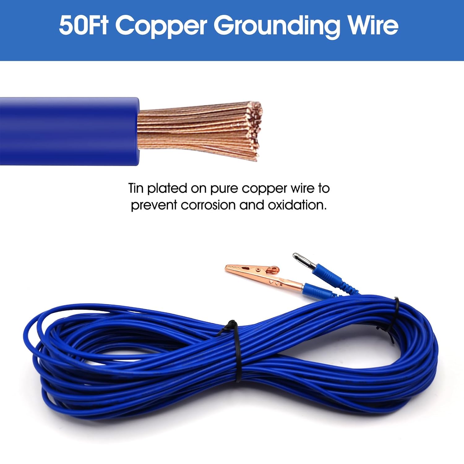 24" Pure Copper Ground Rod,Portable Plug Grounding Rod Kit with 50ft Copper Wire & Alligator Clip for Electric Fences, Grounding Mats,Generator Antennas,Satellite Dishes