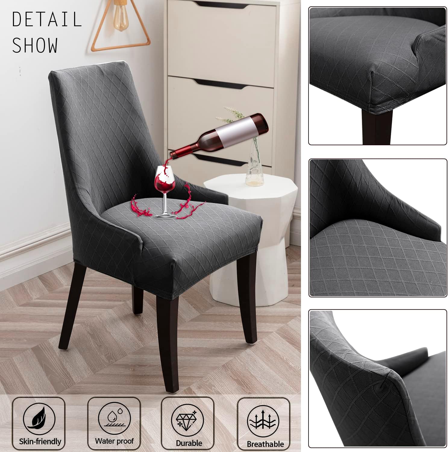 LANSHENG Stretch Rhombic Geometric Wingback Chair Covers Slipcover - Reusable Arm Chair Protector Cover, Washable Dining Chair Covers Protectors for Dining Room (Grey, Set of 2)