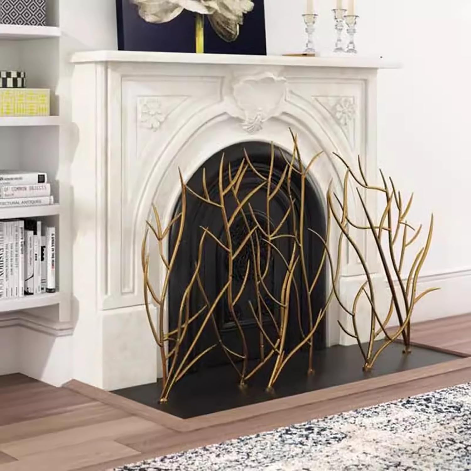 31.5 Inch Freestanding Modern Branch Fireplace Screen Fire Screen Heavy Duty Fireplace Protector Indoor Outdoor (Gold)