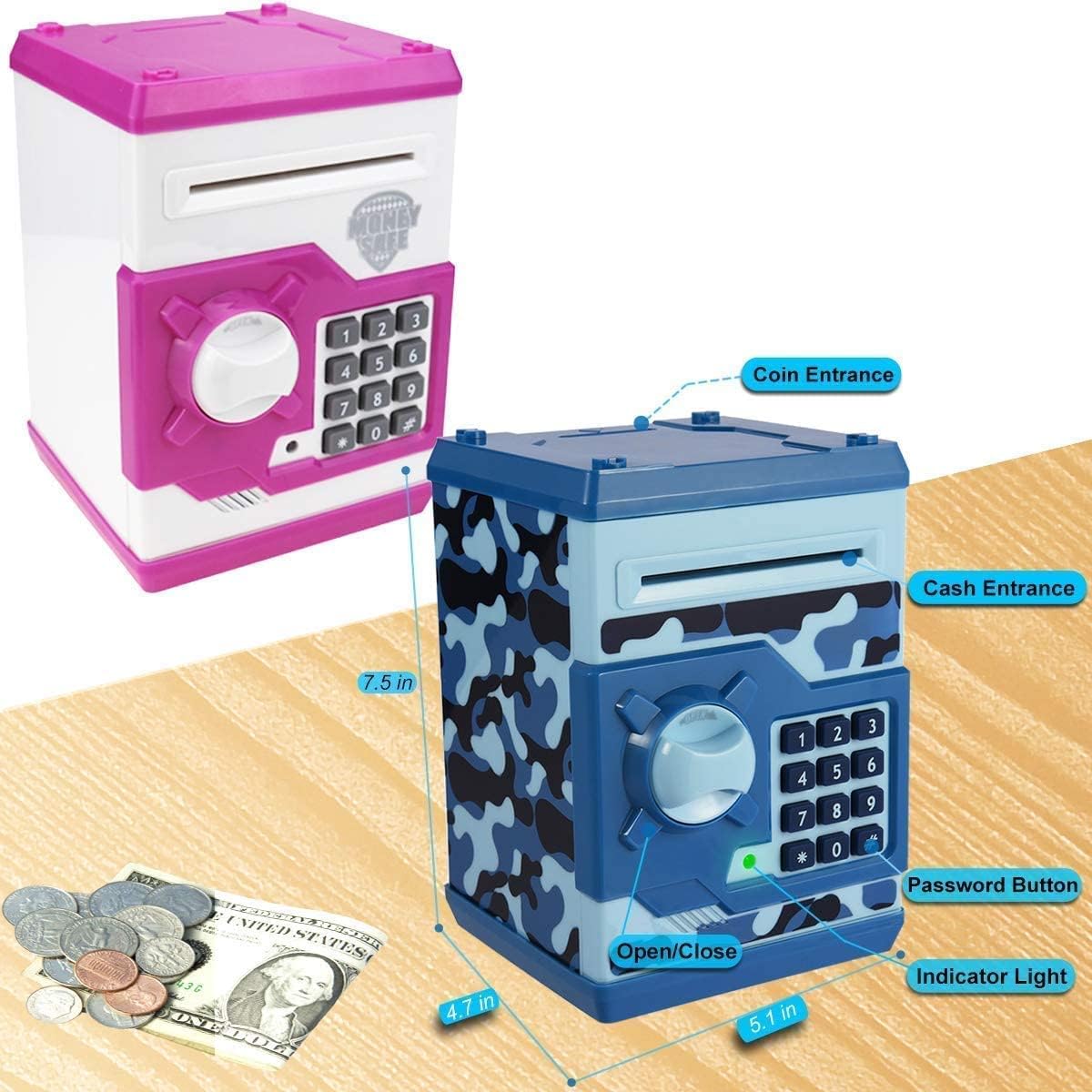 Kids Money Bank, Electronic Piggy Banks x2Pcs, Great Gift Toy for Kids Children, Auto Scroll Paper Money Saving Box Password Coin Bank,Perfect Toy Gifts for Boys Girls Age 3+