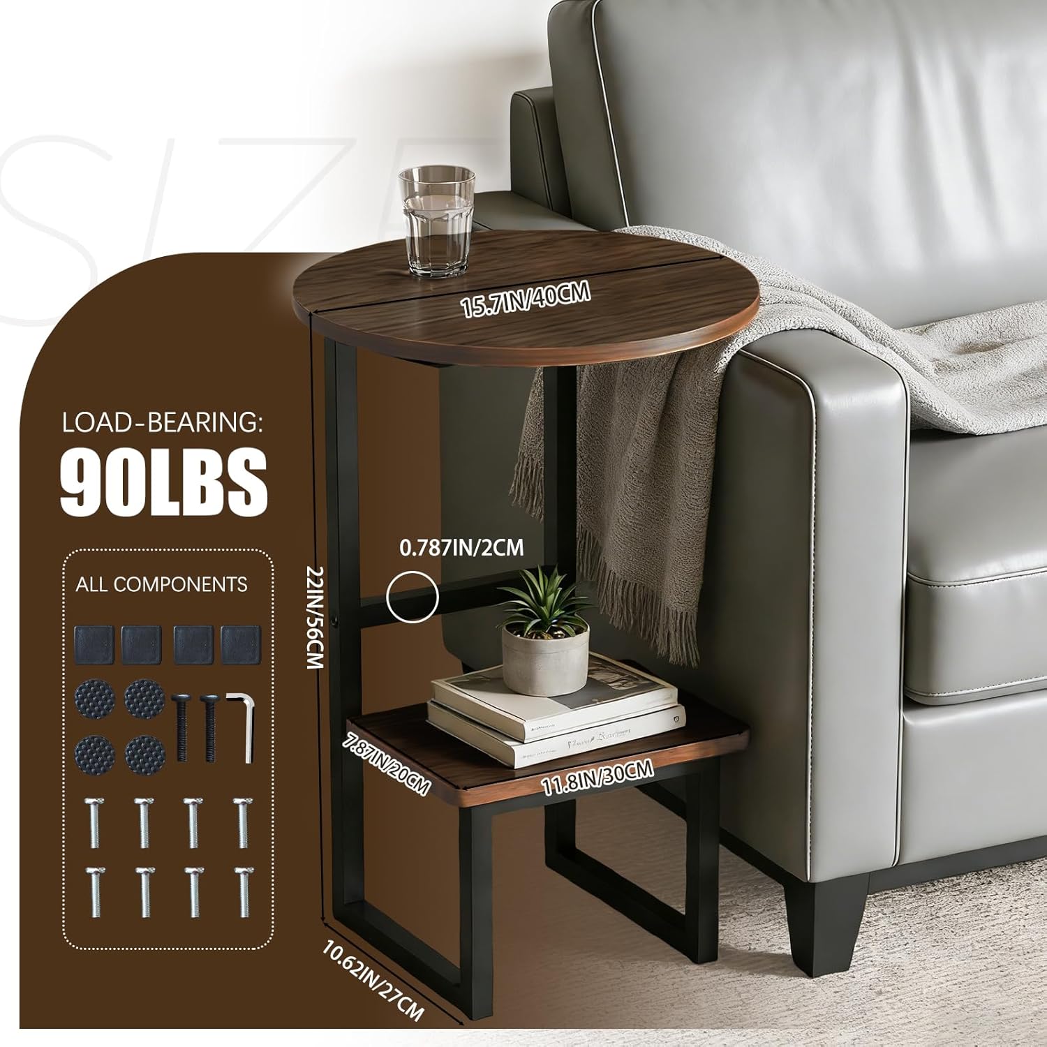 Small Round Side Table, 15.7" Walnut End Table with Metal Frame, 2-Tier G-Shaped Side Table for Sofa Living Bedroom Bedside Coffee Small Spaces, Easy Assembly