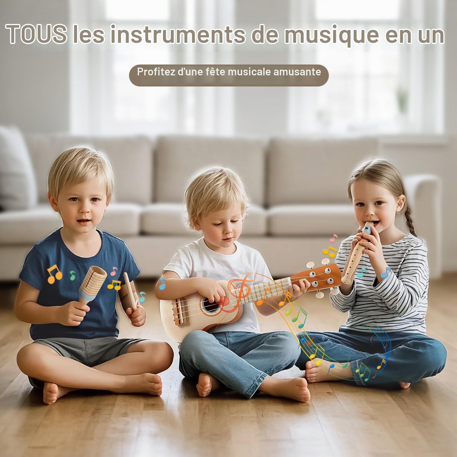 Guitare Enfant Instrument de Musique Bebe Jeux Montessori Jouet Enfant 2 3 Ans Cadeau Bebe Cadeau de Noël et d'anniversaire pour Enfants (7 in 1)