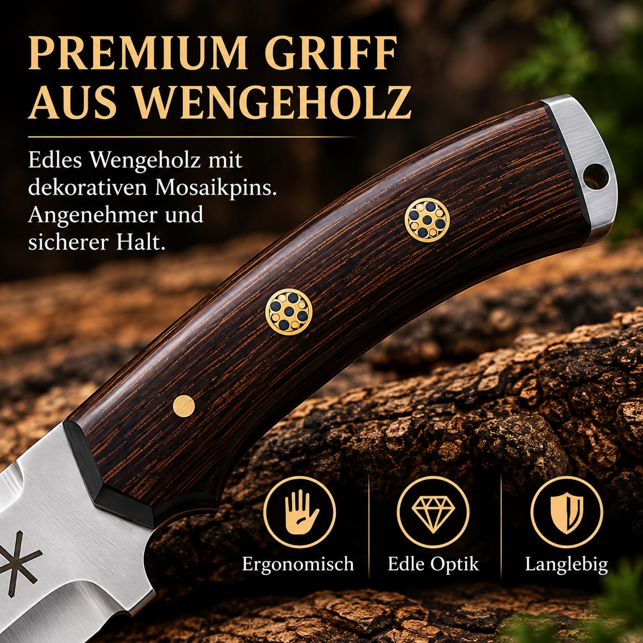 Novahaven Outdoor Messer mit Lederscheide – 39 cm Feststehendes Campingmesser mit 26 cm Klinge, Holzgriff & Nordischer Gravur – Grosses Camping Messer für Outdoor, Wandern & Bushcraft