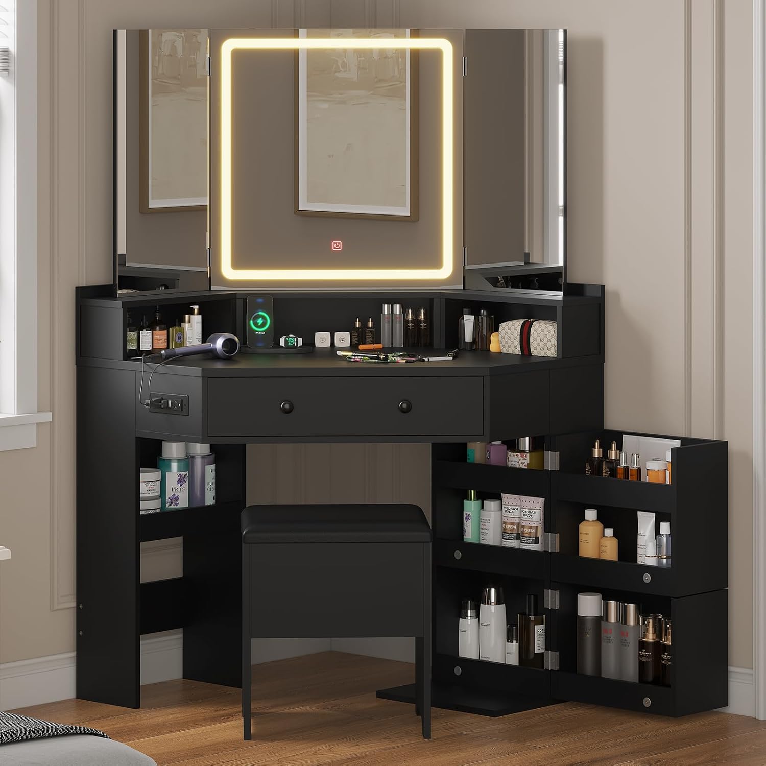 BTHFST Corner Vanity with Tri-Fold Mirror & Cushioned Storage Stool, Makeup Vanity with Charging Station, Vanity Desk with Mirror and Lights, Makeup Table with Drawers, Shelves, Black