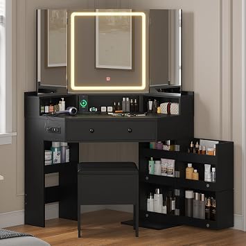 BTHFST Corner Vanity مع مرآة ثلاثية الطي ومقعد تخزين مبطن، وغرور مكياج مع محطة شحن، ومكتب غرور مع مرآة وأضواء، وطاولة مكياج مع أدراج، وأرفف، وأسود