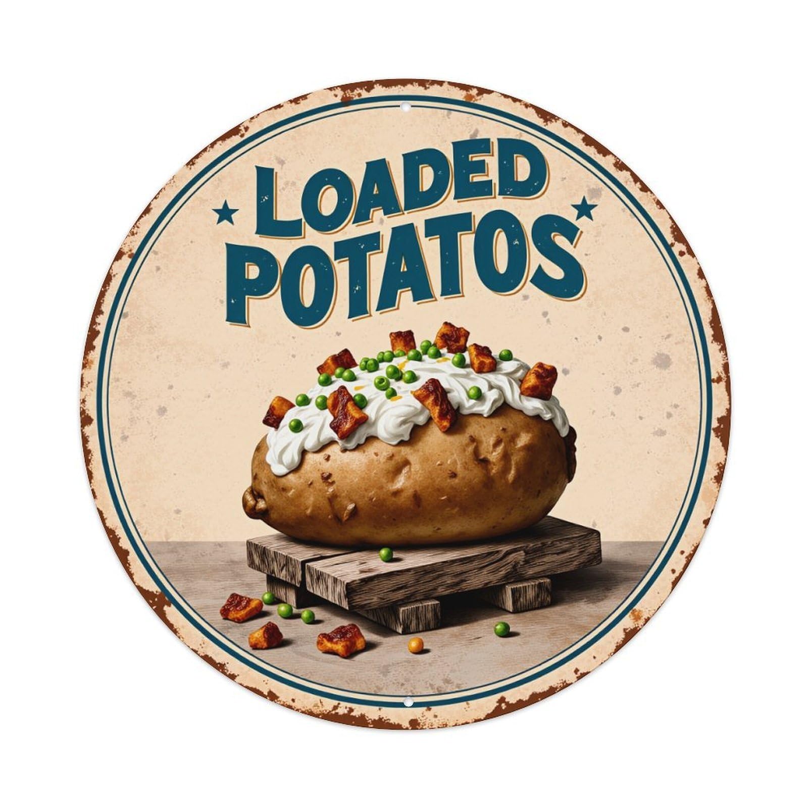 Loaded Potatos Baked With Toppings Round Tin Sign Vintage Metal Poster, Home Bar Garage Man Cave Cafe Indoor & Outdoor Wall Decoration 8x8Inches