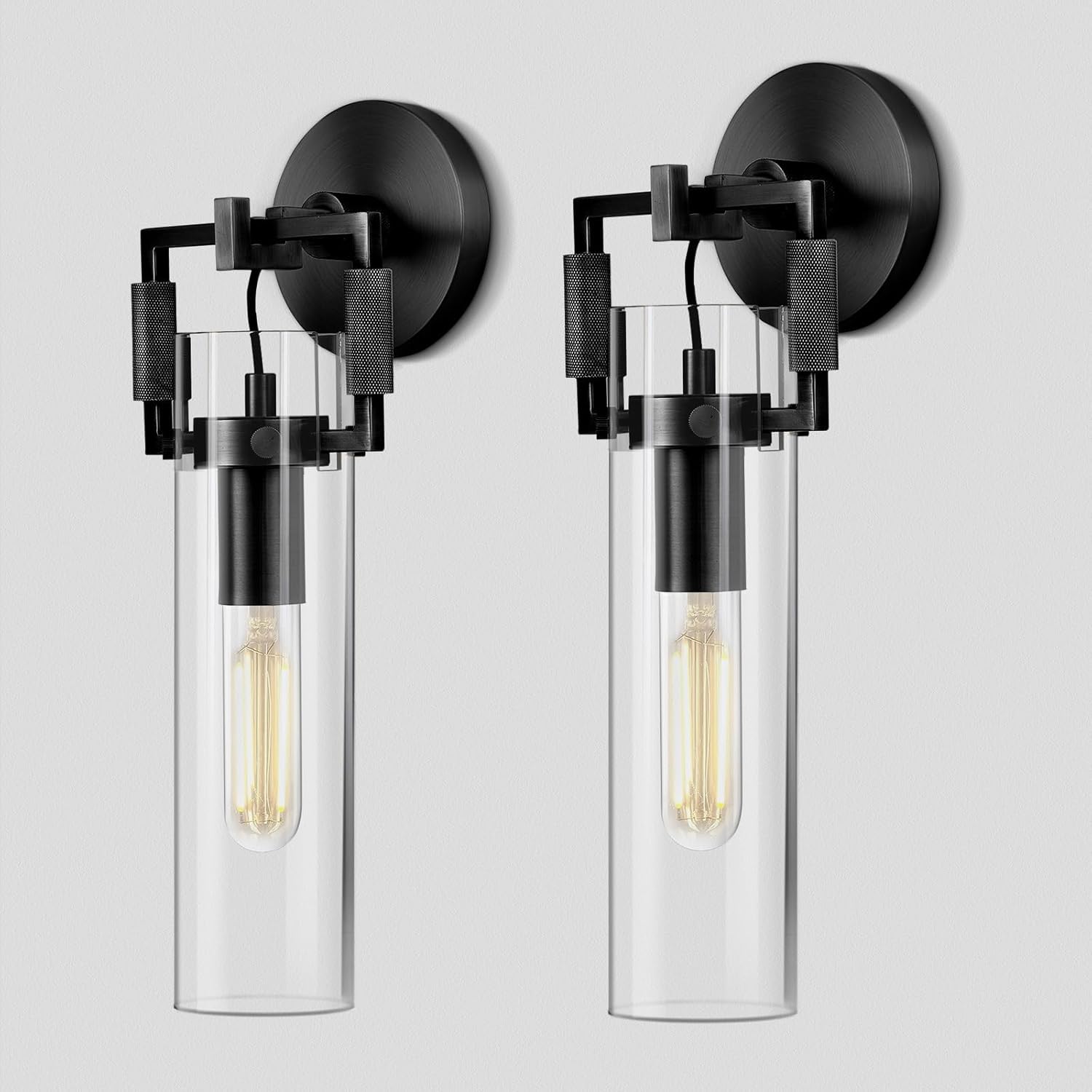 Black Indoor Wall Sconces Set of Two, 15'' knurled Brass Cylinder Sconces, Modern Clear Glass Bathroom Vanity Light, for Living Room, Bedrooms, Hallway, Fireplace, Staircases, Include Bulb