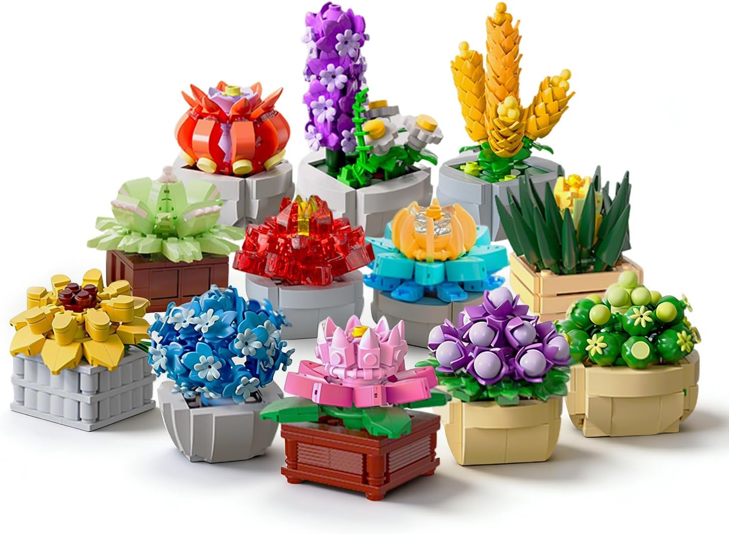 Chodia Succulents Botanical Collection Flowers Building Block Set, 12 Potted Tiny Happy Plant Toys Kits Desk Decor Display, Mother Valentine's Day Gifts for Adults Women Kids Girls Ages 6-12, 8-12
