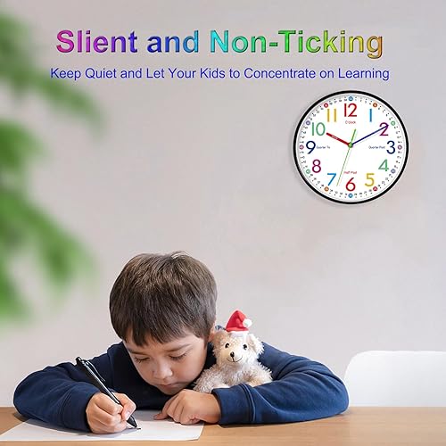 Miniatura 2 de Reloj de pared para niños, reloj de pared pequeño y moderno de 10 pulgadas, funciona con pilas, silencioso, analógico, clásico, para oficina, hogar,