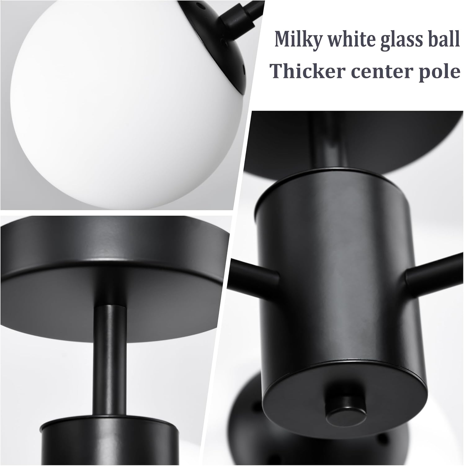 Bagood Mid Century Modern Black Semi Flush Mount Ceiling Lights 3-Light Frosted Globe Glass Black Chandelier Modern Light Fixtures Ceiling Light Fixture for Bedroom Living Room Entryway (Bulb Incl.)
