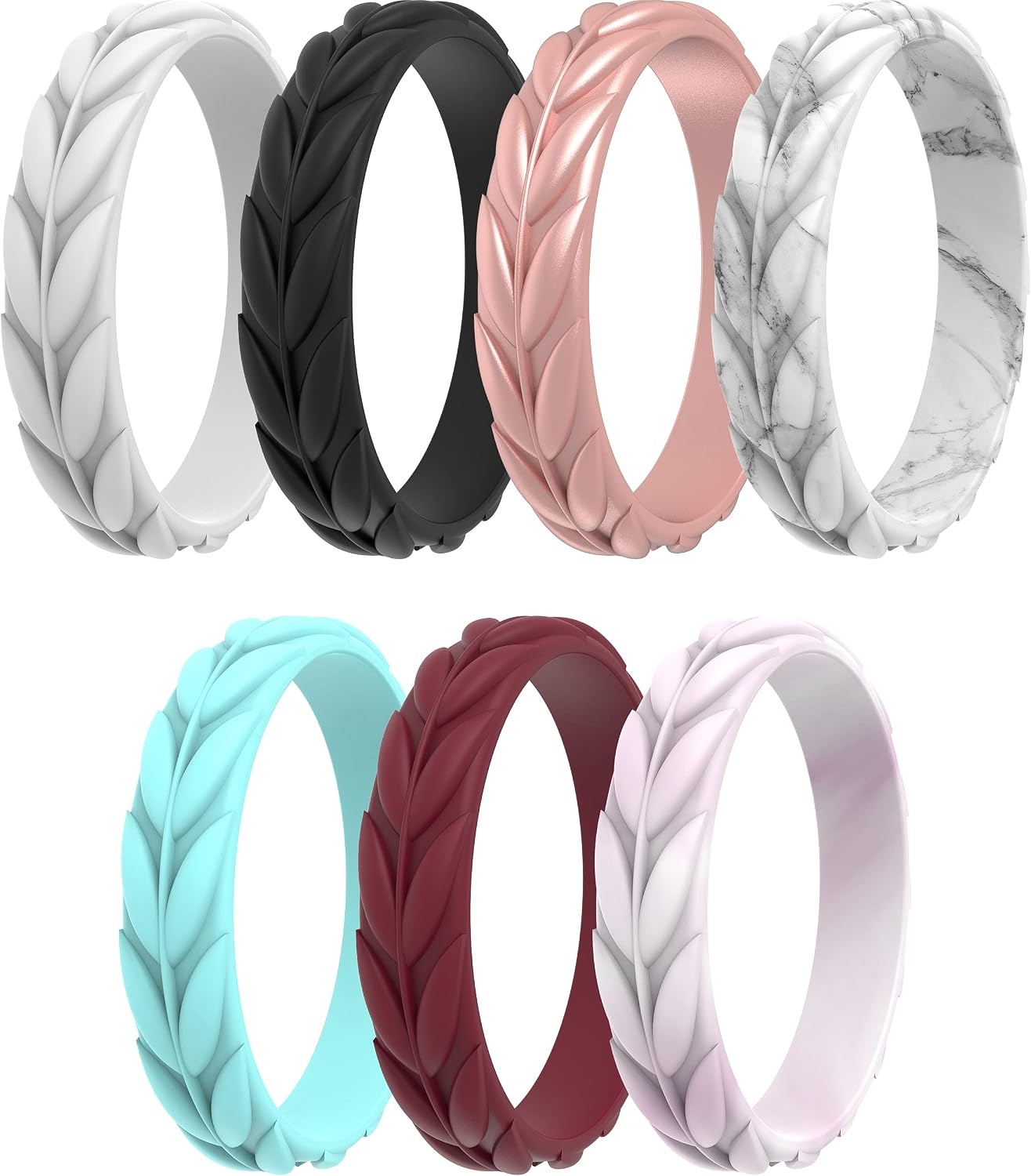 ThunderFit Silicone Wedding Rings for Women, Leaf Design Rubber Engagement Bands 5.2mm Wide 2mm Thick, Breathable & Standard Inner Layer - 1/4/7 Variety Multipack