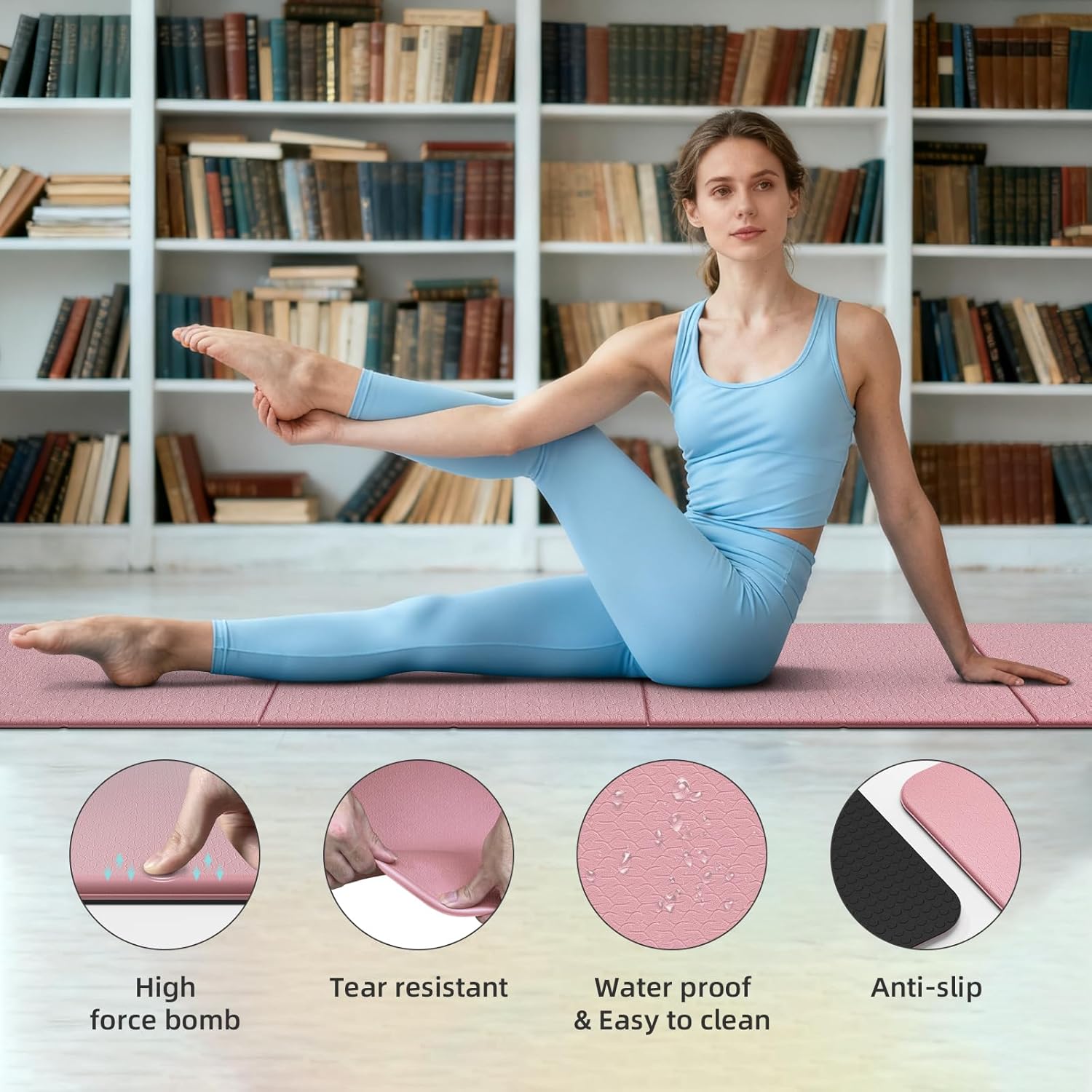 Foldable Yoga Mat Thick 10mm-WUWAN Extra Large Exercise Mat, TPE Material, Non-Slip Fitness Folding Mat Easy to Carry, Suitable for Home Workout Travel Pilates (75" x40",2/5") (Blue) - Image 2