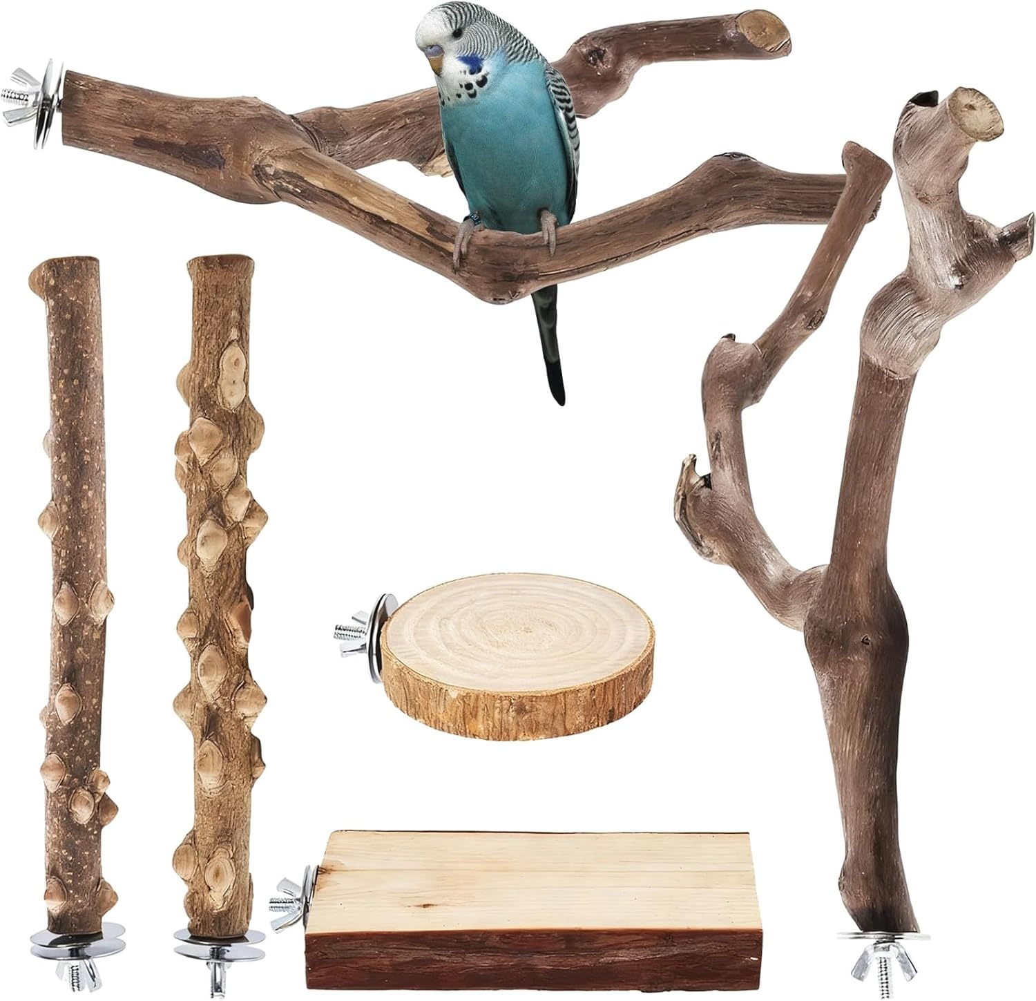 6 PCS Bird Perches Set - Natural Grape Wood Branches for Parrot Stand, Bird Cage Perches with Tree Branch Design for Exercise for Parakeet, Cockatiel, Conure, Budgie
