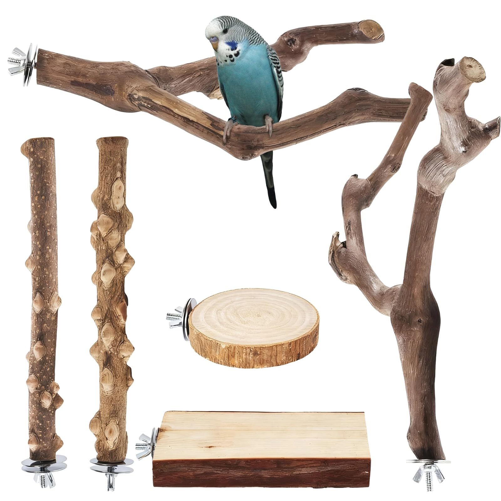 Vogel-Sitzstangen aus natürlichem Traubenholz, vielseitiges Baumzweig-Design für Papageienständer, kompakte Übungsstangen für Vögel, inklusive runden Plattformen und Gabelholzstümpfen, 6-teilig
