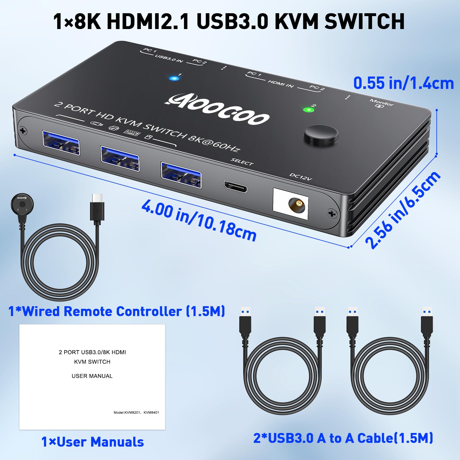 Conmutador KVM HDMI 2.1 8K @ 60 Hz, conmutador KVM HDMI 2.1 para 2 ordenadores que comparten monitor y dispositivos USB 3.0, mando a distancia por cable y cable USB incluido
