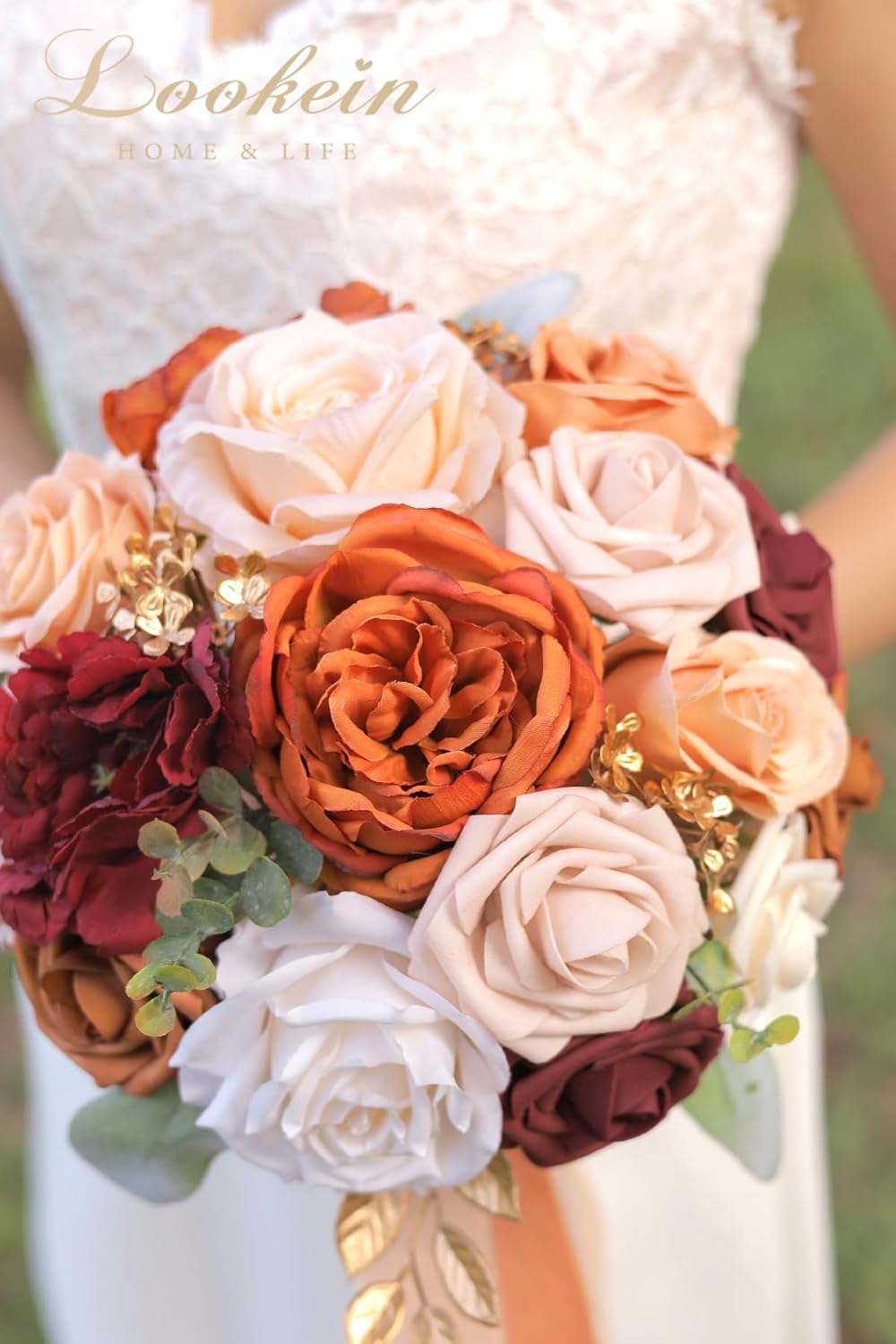 Lookein 10 Inch Wedding Bouquet for Bride Artificial Flowers Birdal Bouquet Bridesmaid Bouquet Tossing Bouquet for Wedding Ceremony Anniversary Bridal Shower, Chic Terracotta