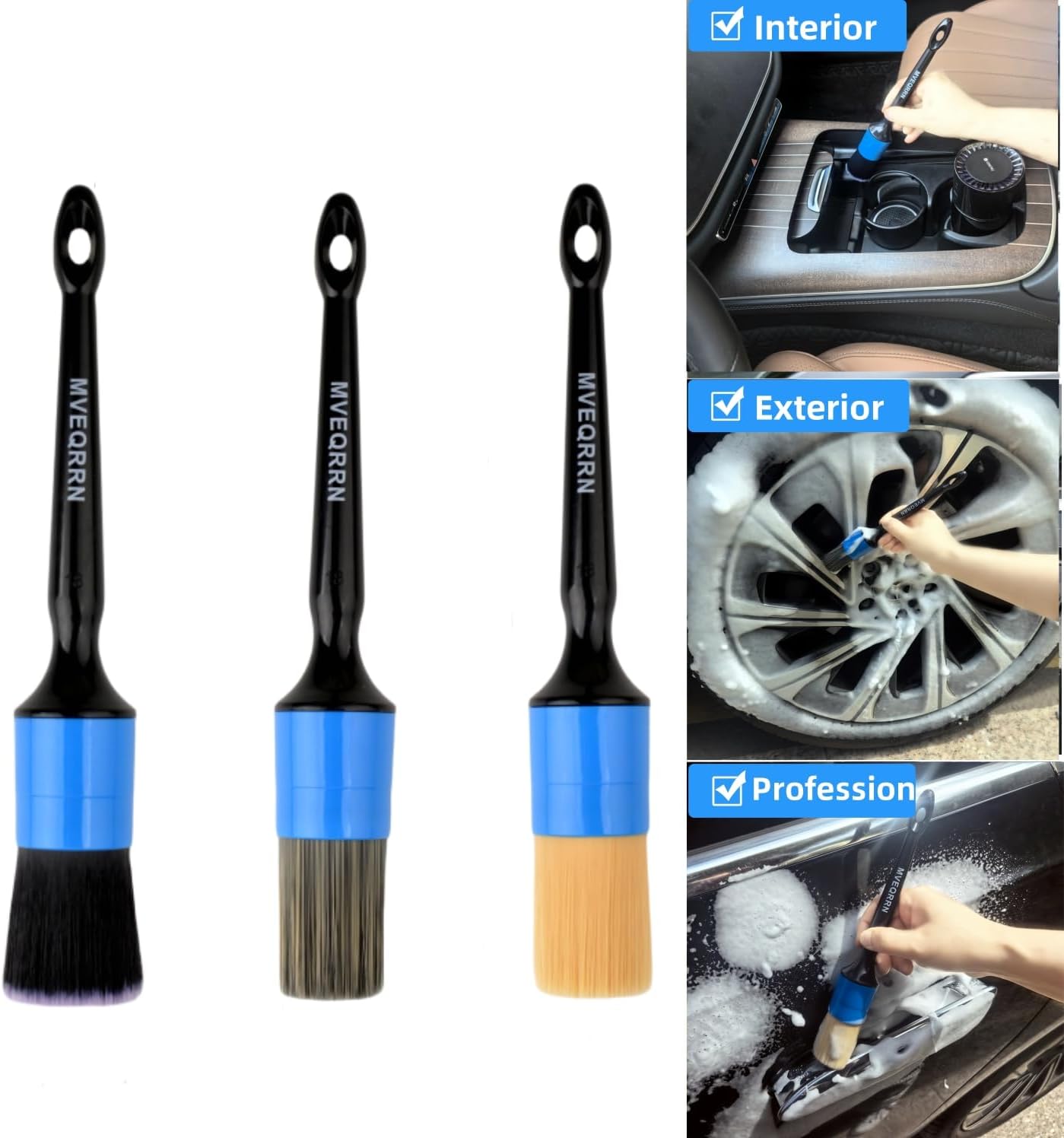 MVEQRRN 6pcs Car Detailing Brush Set-2pcs Boars Hair Car Detailing Brushes,2pcs Ultra Soft No Scratch Detailing Brush for Air Vent,Leather Seat 2pcs Detail Brushes for Interior Exterior(Blue)