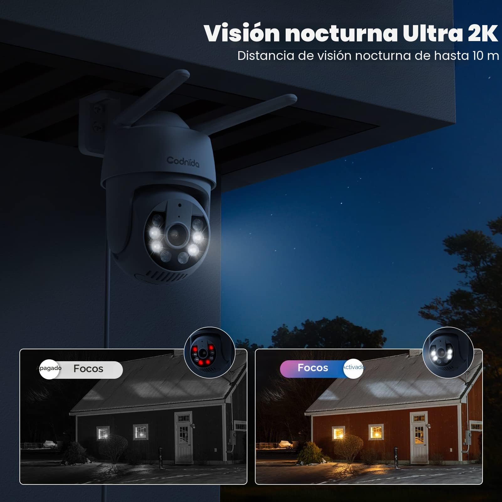 Codnida 2K Camara Vigilancia WiFi Exterior, Camaras Vigilancia Domicilio 2.4Ghz WiFi PTZ 360° Vista con Visión Nocturna en Color,24/7 Grabación Continua,Seguimiento Automático,Alarma de Luz y Sonido,