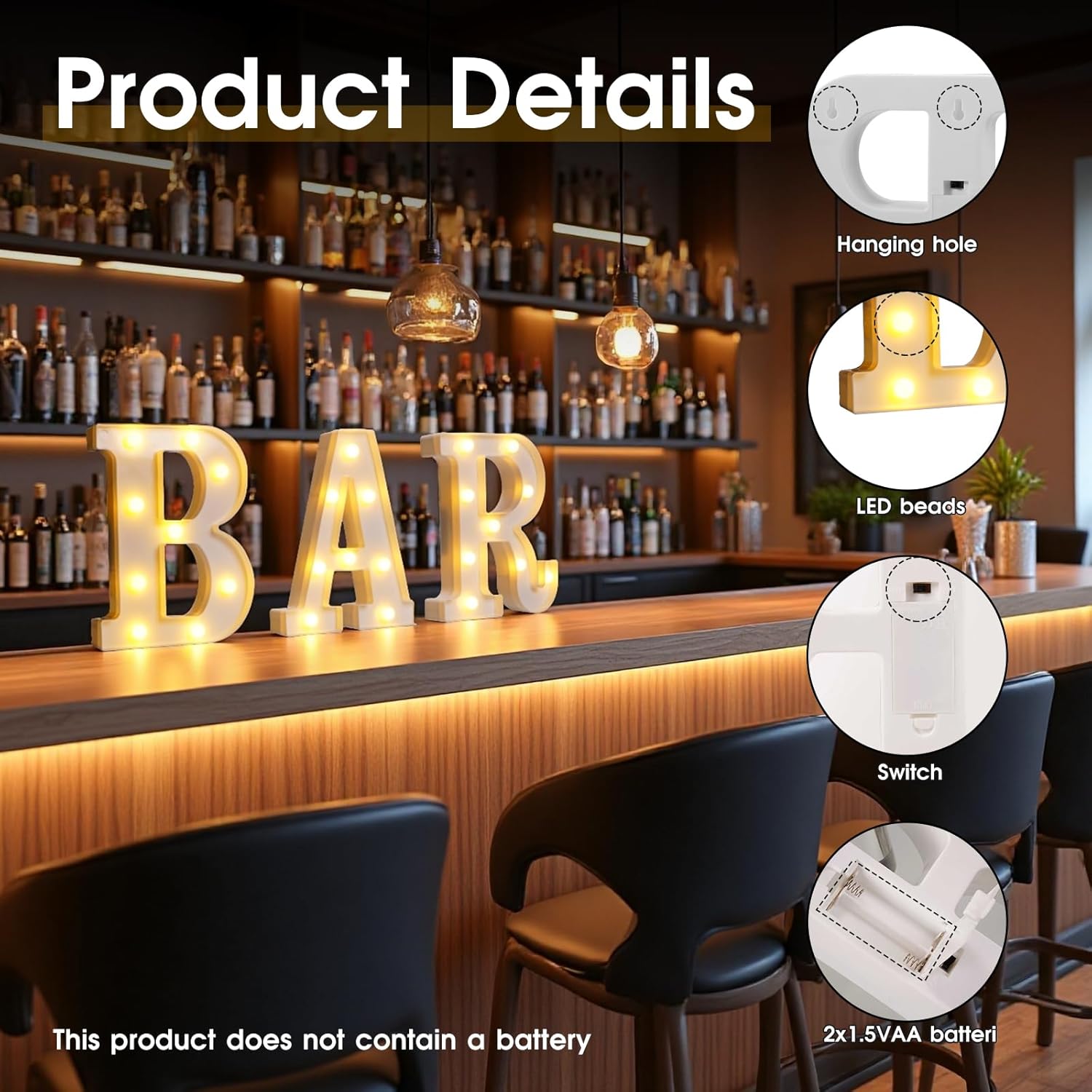 BAR sign, Hangable Illuminated Marquee Letter Lights, Battery-Powered LED Letter Lights for Pub丨Home Bar丨Cafés & Tea Shops丨Camping丨Party Decoration - Image 6