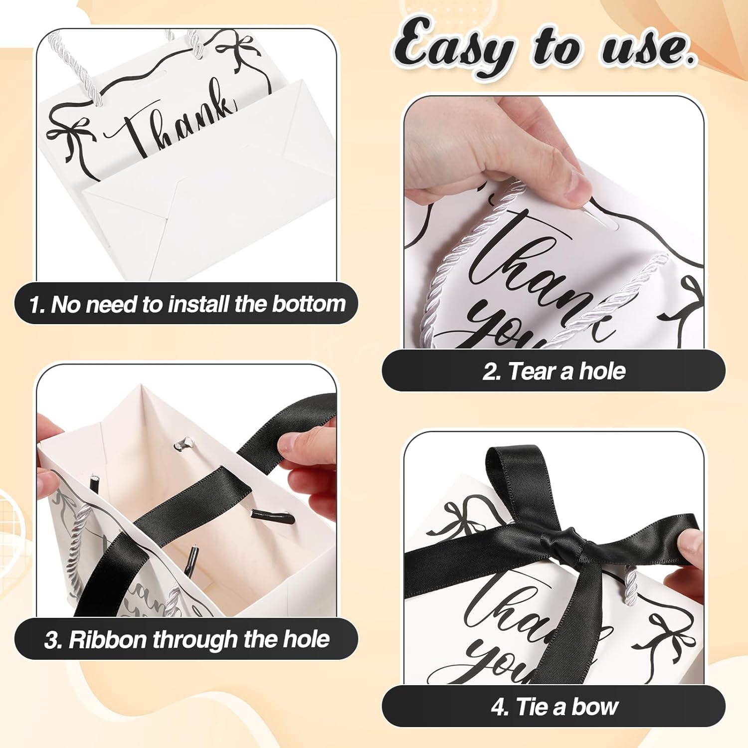 Kolldenn 24 Pcs Valentines Day Gift Bags with Handles, Small Thank You Paper Bags with Bow Ribbon, 5 x 2.5 x 4.7 in Paper Party Totes for Wedding, Baby Shower, Bridal Shower(White,Black) - Image 7