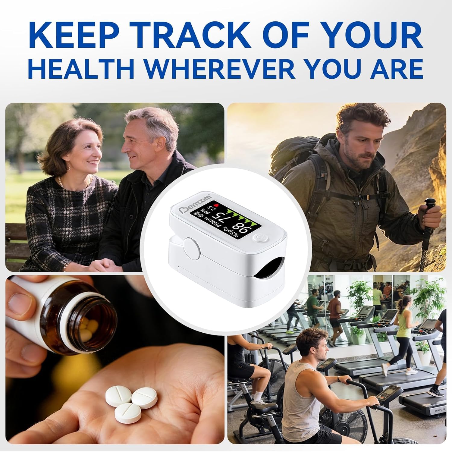 Berrcom Pulsoximeter Blut-Sauerstoff-Sättigung Monitor Finger hohe Genauigkeit Sats Monitor für Erwachsene mit Batterien und Lanyard
