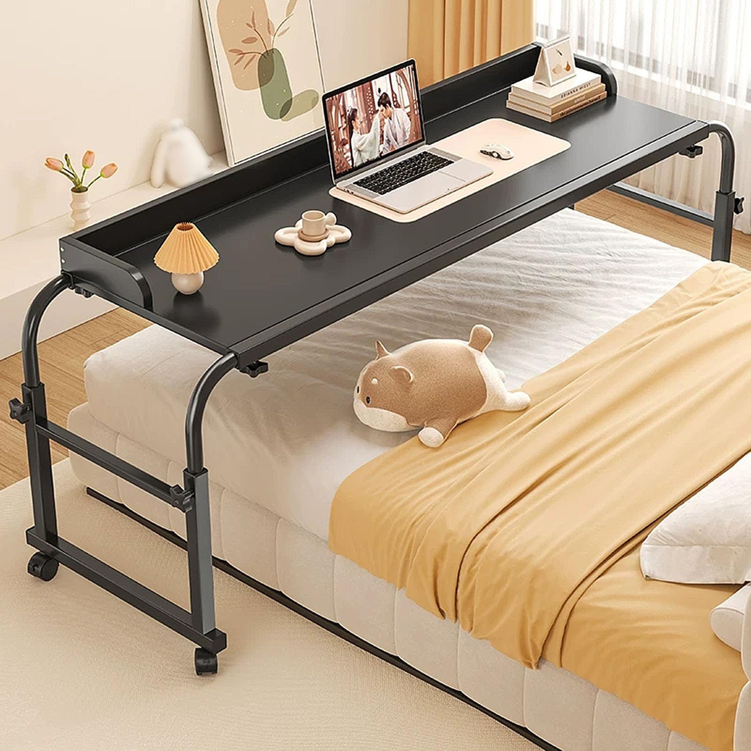 GXQFC Mobile Over Bed Desk, Rolling Medical Table with Wheels Adjust Height 65-95cm Laptop Cart Bed Tables Width Adjustable 115-210cm for Work Gaming Breakfast Applying Makeup(Color:Black)