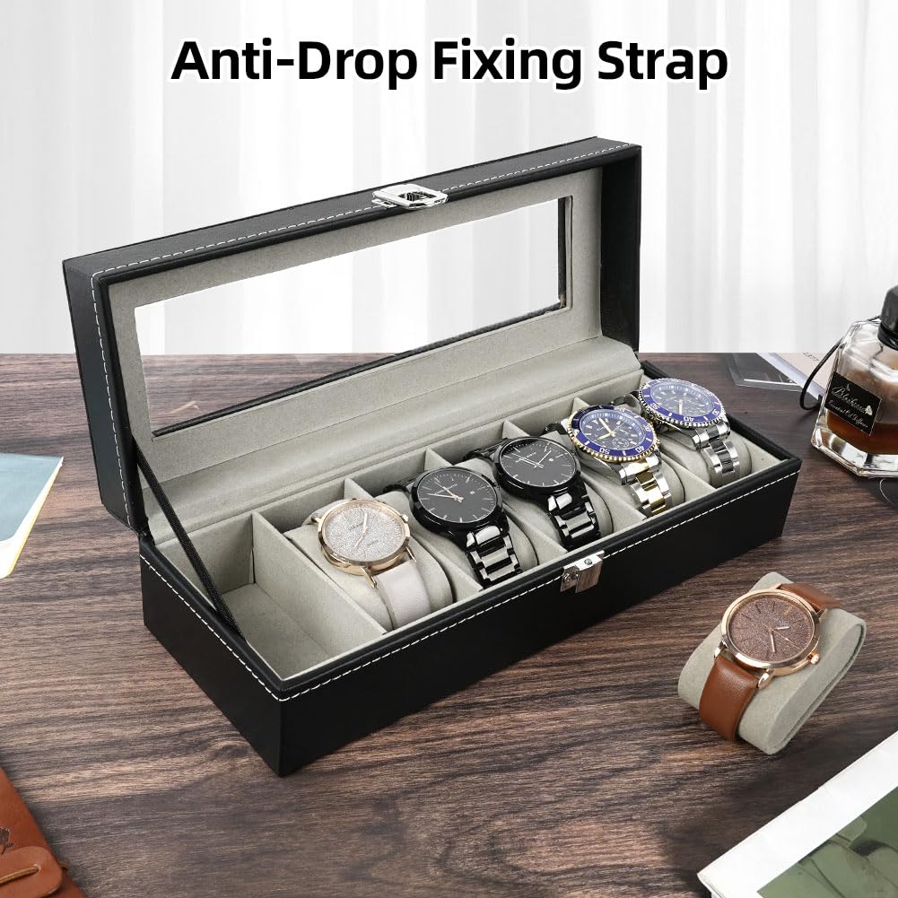 OFFCUP Caja de Relojes con 6 Compartimentos, Piel, Tapa de Cristal y Cojín Extraíble, Regalo para Hombres y Mujeres (Negra)