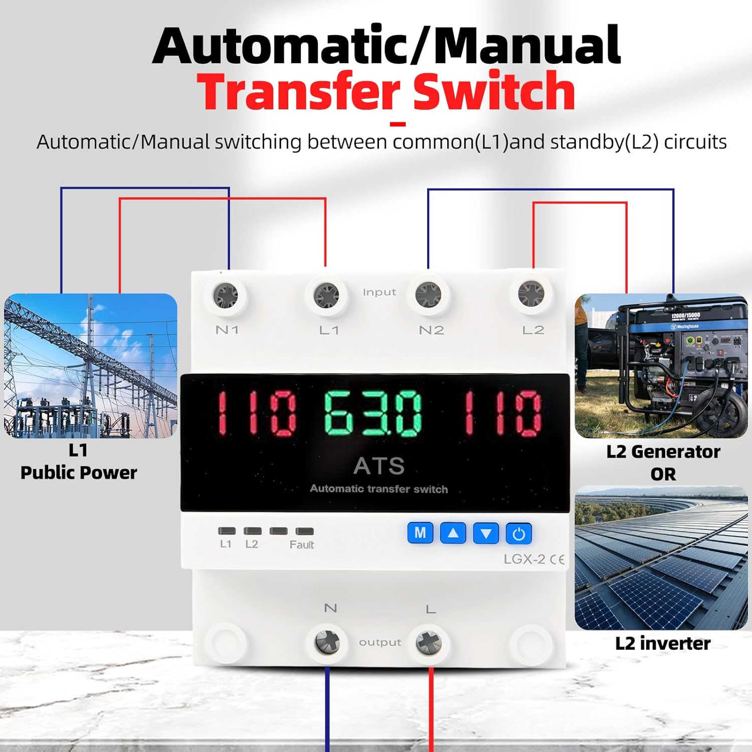 63A 2P Dual Power Automatic Transfer Switch 110V Adjustable Emergency Generator Transfer Switch with LED Display 50HZ/60HZ ATS for Generator and Backup Power