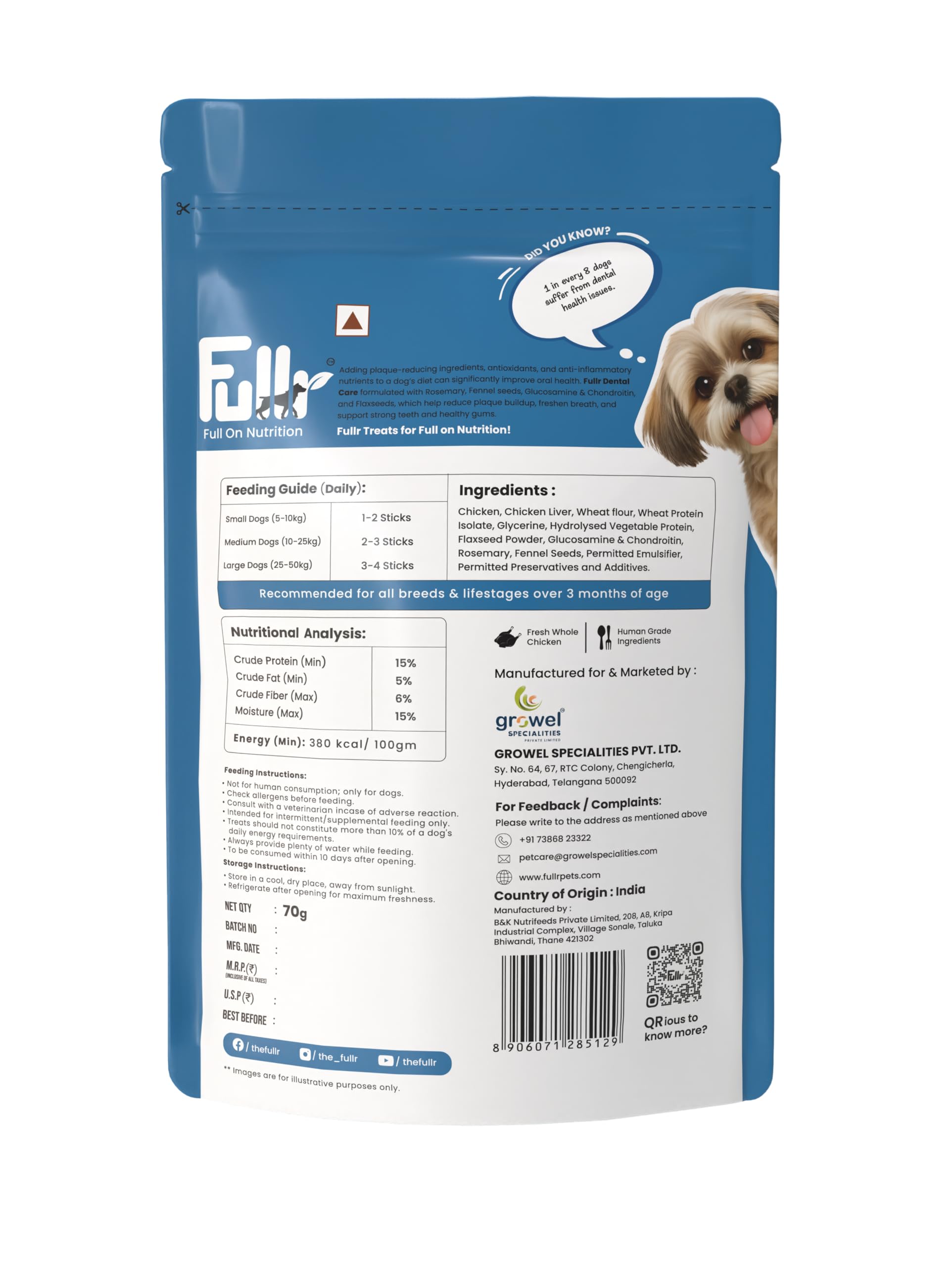 Fullr Dental Care Dog Treats | Soft & Chewy Sticks with Rosemary & Fennel | Supports Oral & Gum Health | Reduces Plaque & Tartar| Freshens Breath | Healthy Treats for All Breeds & All Life Stages, 70g