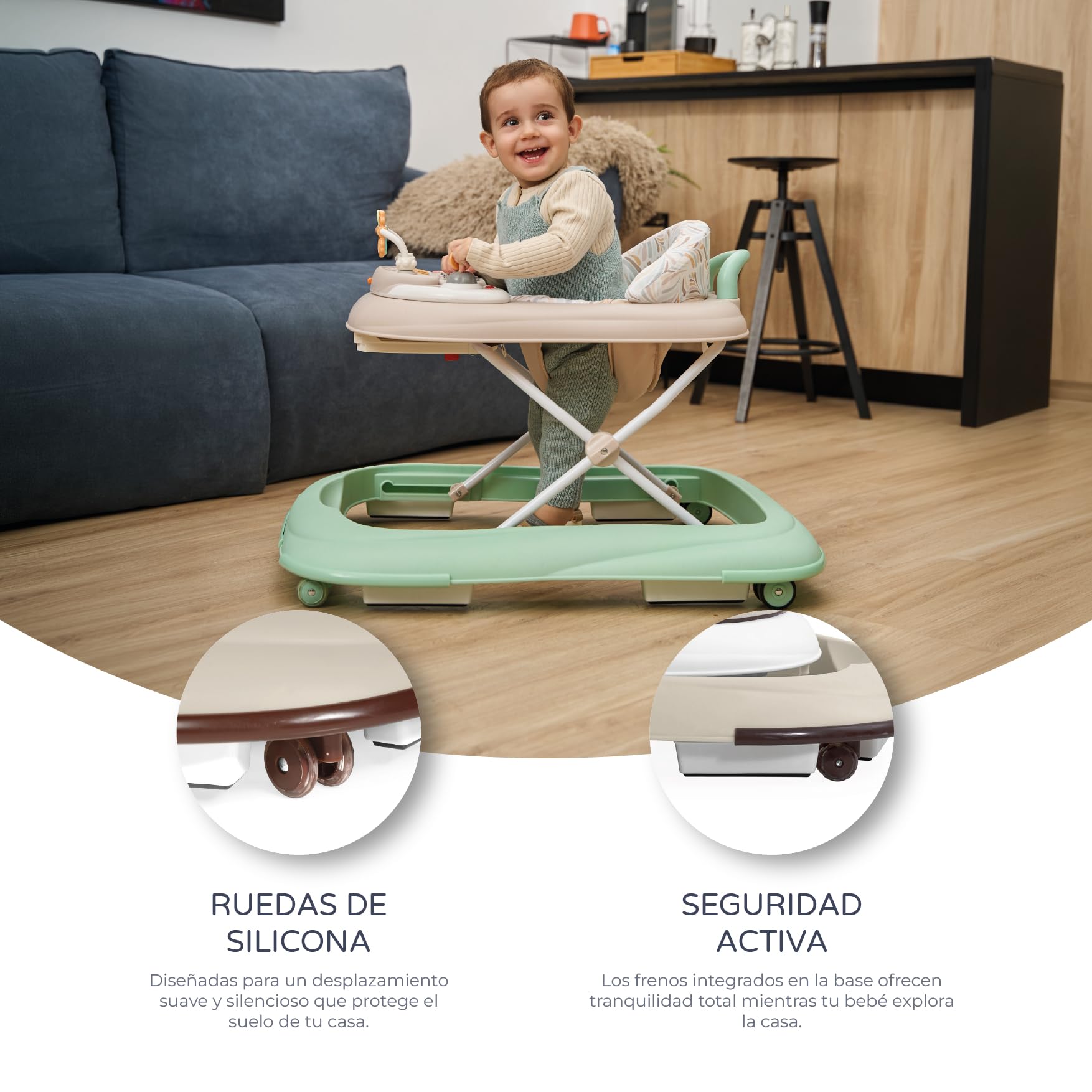 Ms - Andador Bebe con Base Antivuelco y Protector Marcos y puertas- Incluye Bandeja De Sonidos Y Juegos- Ruedas de silicona- Acabado en Mate