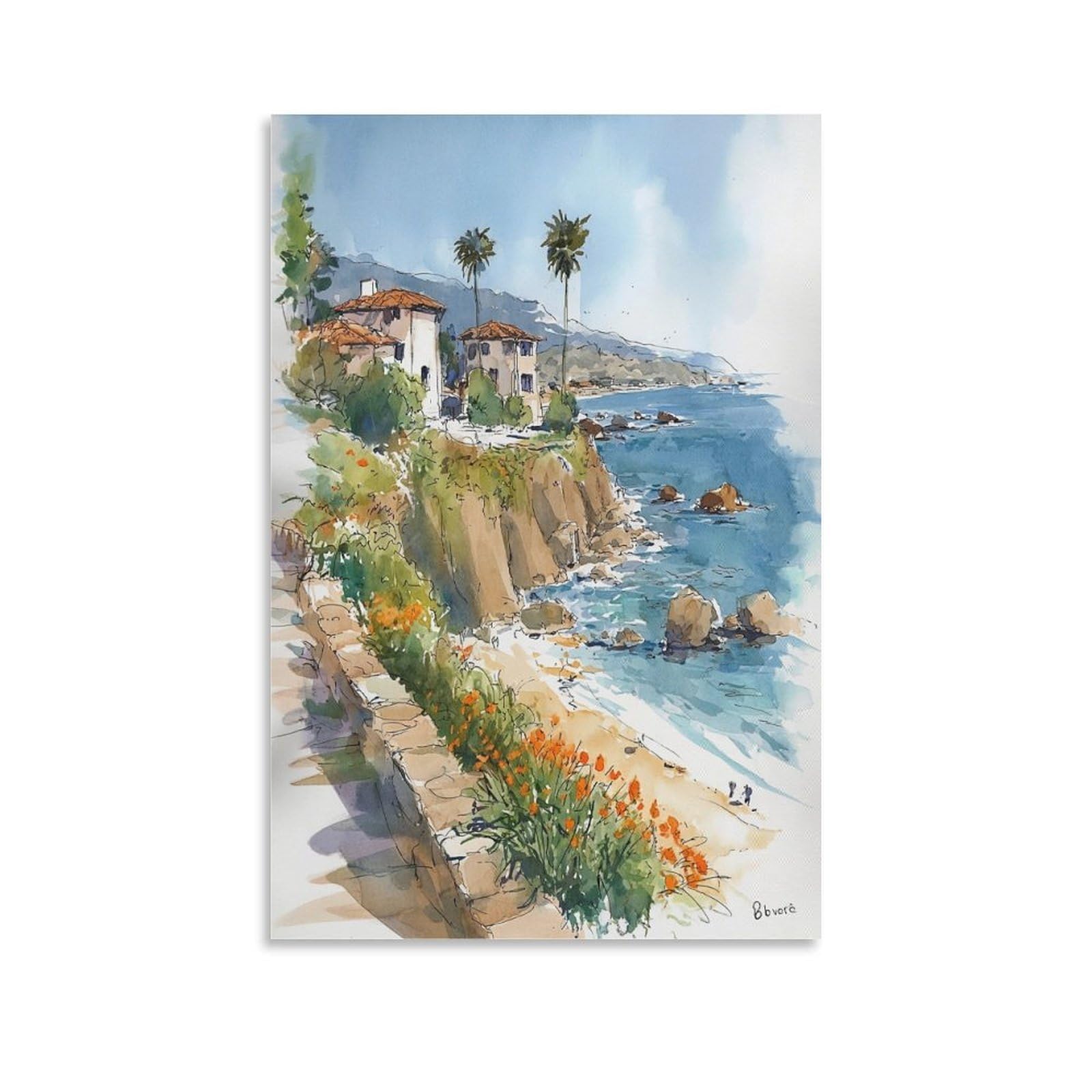 XWYMXZ La Jolla Coast Watercolor Painting San Diego Poster 24x36inch(60x90cm) Vintage Watercolor Canvas Art