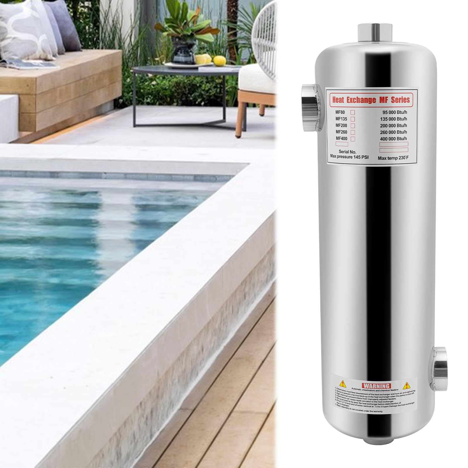 Échangeur de chaleur pour piscine Échangeur de chaleur pour bassin de piscine 60Kw Chauffage de piscine Réchauffeur de piscine Échangeur de chaleur en acier inoxydable pour système de piscine, débit