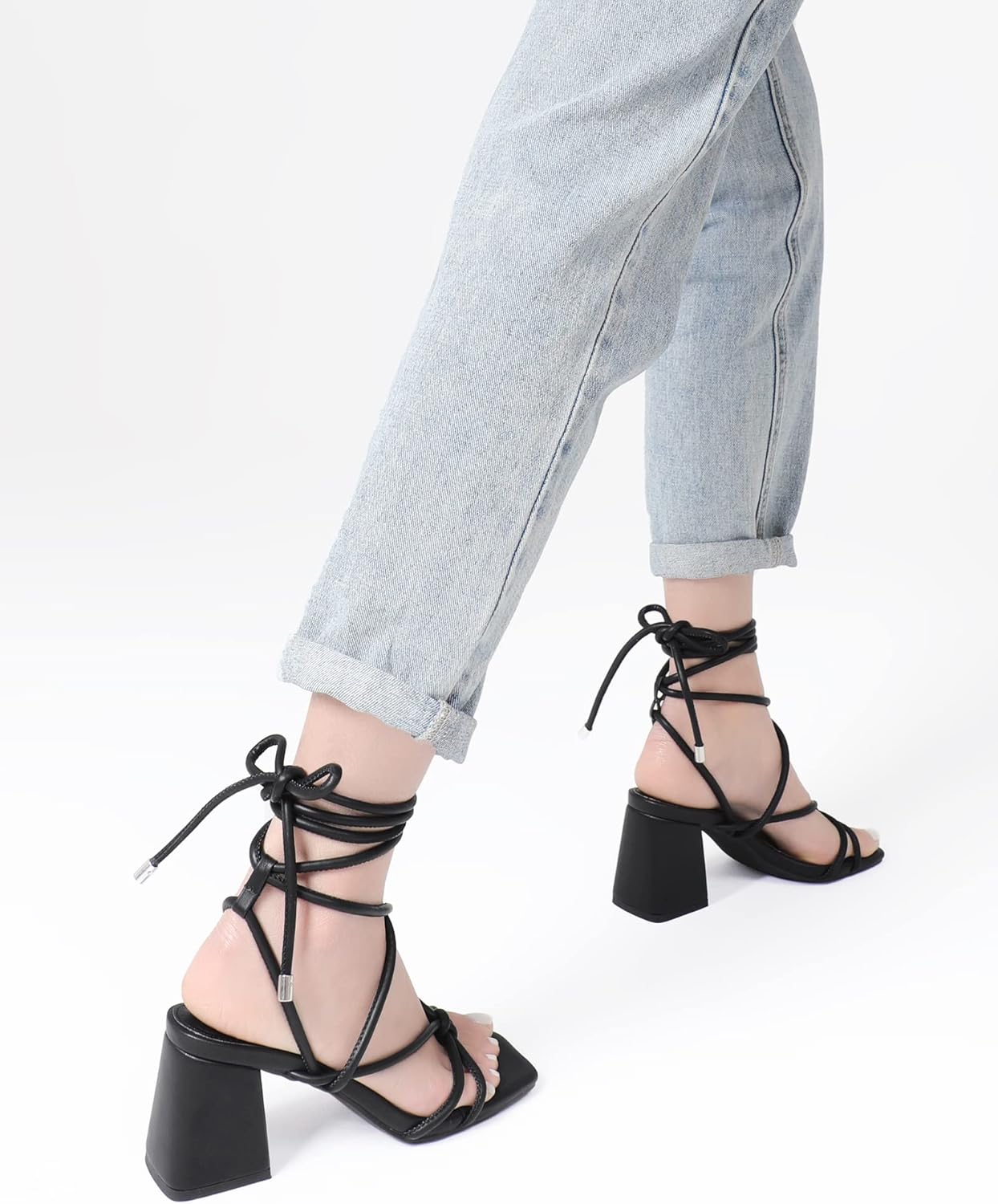 Shoe'N Tale Lace Up Heels for Women Ankle Strappy Gladiator High Heeled Sandals Chunky Block Heel Square Open Toe Criss Cross Dress Shoes - Image 6