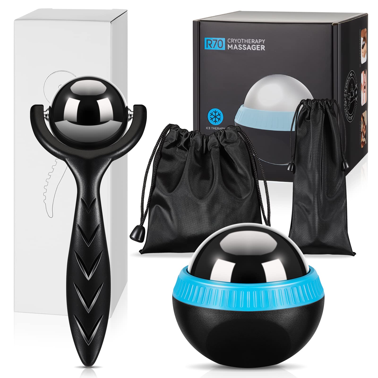 Tatuo Bola de masaje y rodillo de masaje frío con asa, herramientas de masaje, rodillo muscular, masajeador de hielo para aliviar el frío y el calor, dolor muscular, cuerpo, cuello, espalda, pies