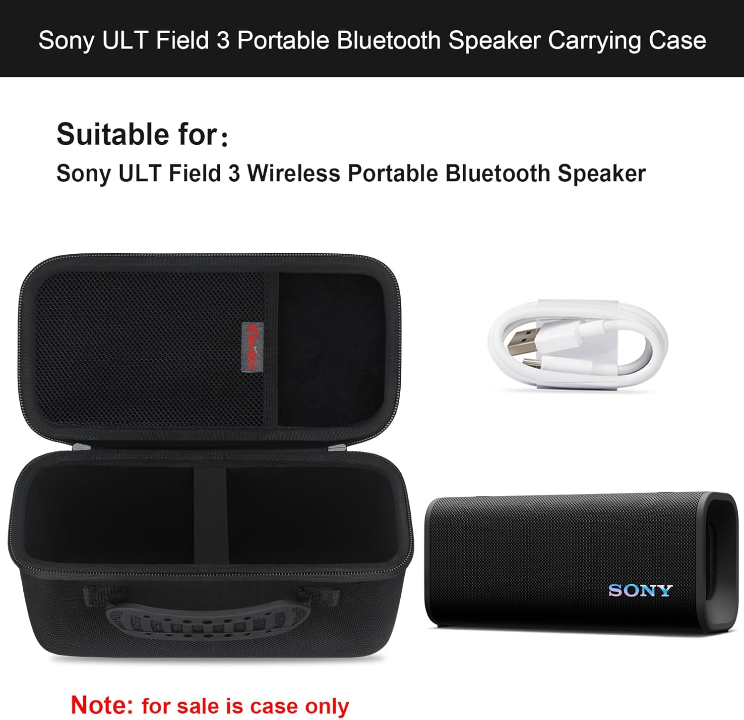 Elonbo Carrying Case for Sony ULT Field 3 Wireless Portable Bluetooth Speaker, ULT Field 3 Speaker Travel Protective Bag Storage Cover, Extra Mesh Pocket Fits Charging Cable, Black - Image 2