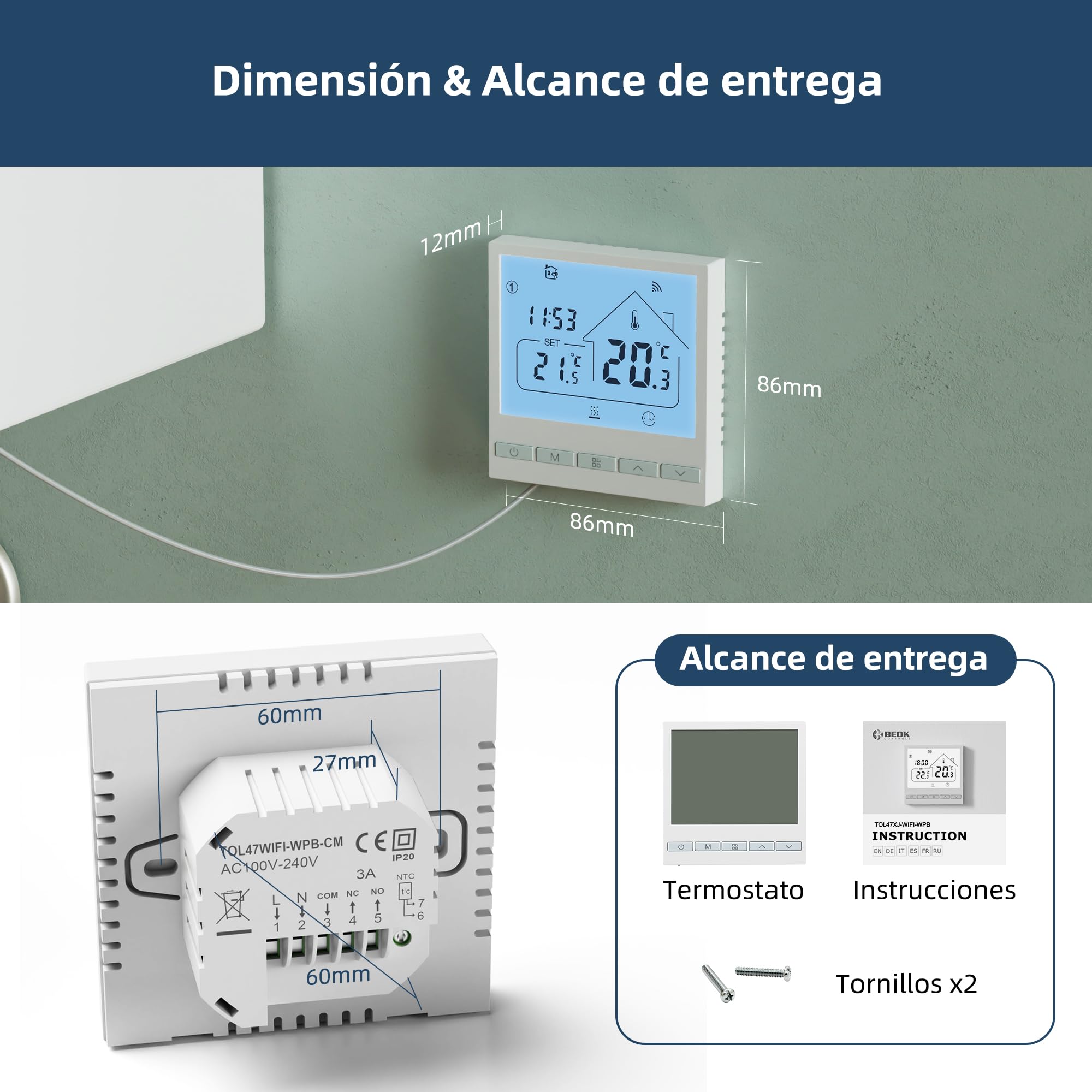 Beok Termostato Calefaccion WiFi para Caldera.Termostato con Alexa Control Vocal termostato Tuya Programable Inalámbrico Digital Inteligente para Calefacción Agua y Gas. 220V 2.4GHZ