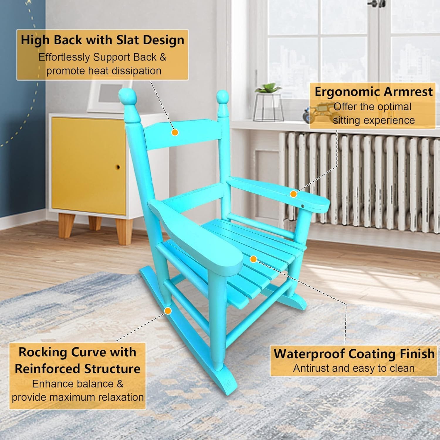 Kids Rocking Chair, Outdoor Kids' Rocking Chairs, Childs Toddler Childrens Porch Rocker Chair, Classic Wooden Rocker for Living Room, Bedroom, Balconies, Porches, Children's Rooms, Light Blue