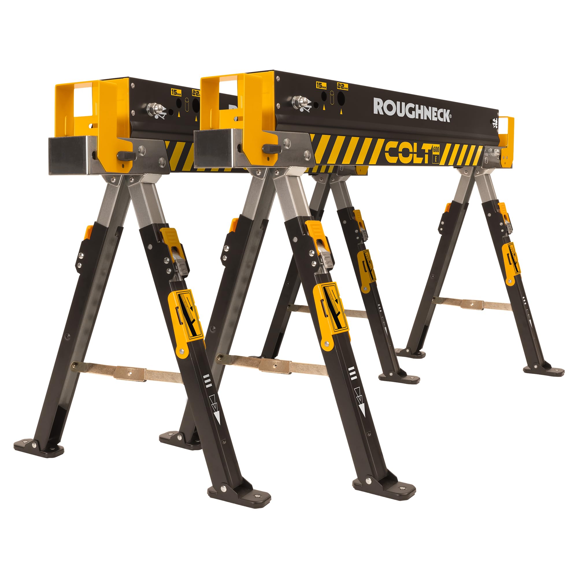 ROUGHNECK® COLT 600E Sawhorse, Heavy Duty Steel Construction, Weight-Baring Capacity 589kg each, 1178kg Per Pair with Height Adjustable Legs for Woodworking & Construction – 2 Pack