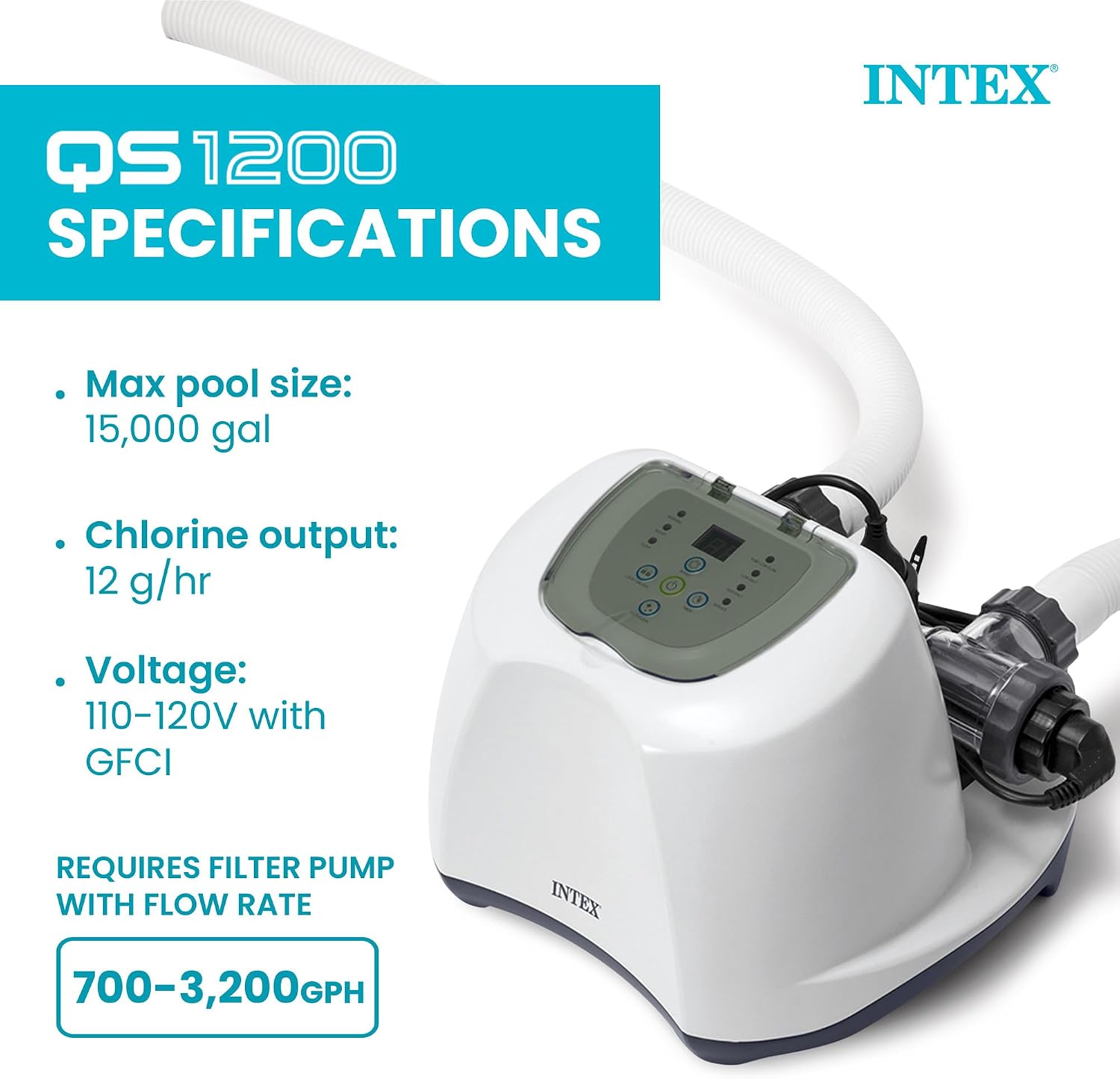 Condition photo showing New/Like New for intex krystal clear saltwater pool chlorine system for above ground pools up to 15,000 gallons, pool cleaner with automatic timer and self cleaning saltwater system for pump 700-3000 gph