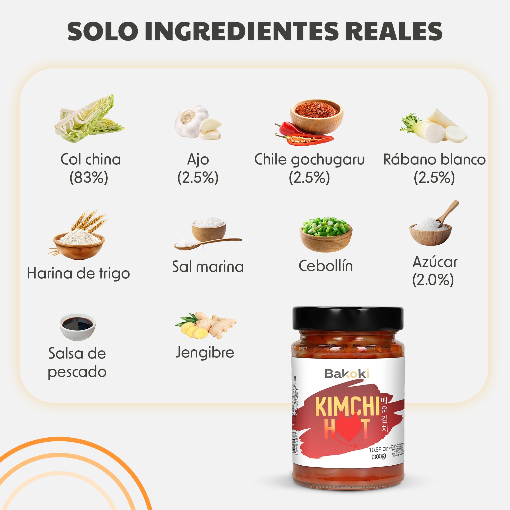 Bakoki Premium 매운 김치 Hot‑Kimchi (Gochugaru) – kimchi coreano picante de repollo napa fermentado probiótico umami 2 × 300 g
