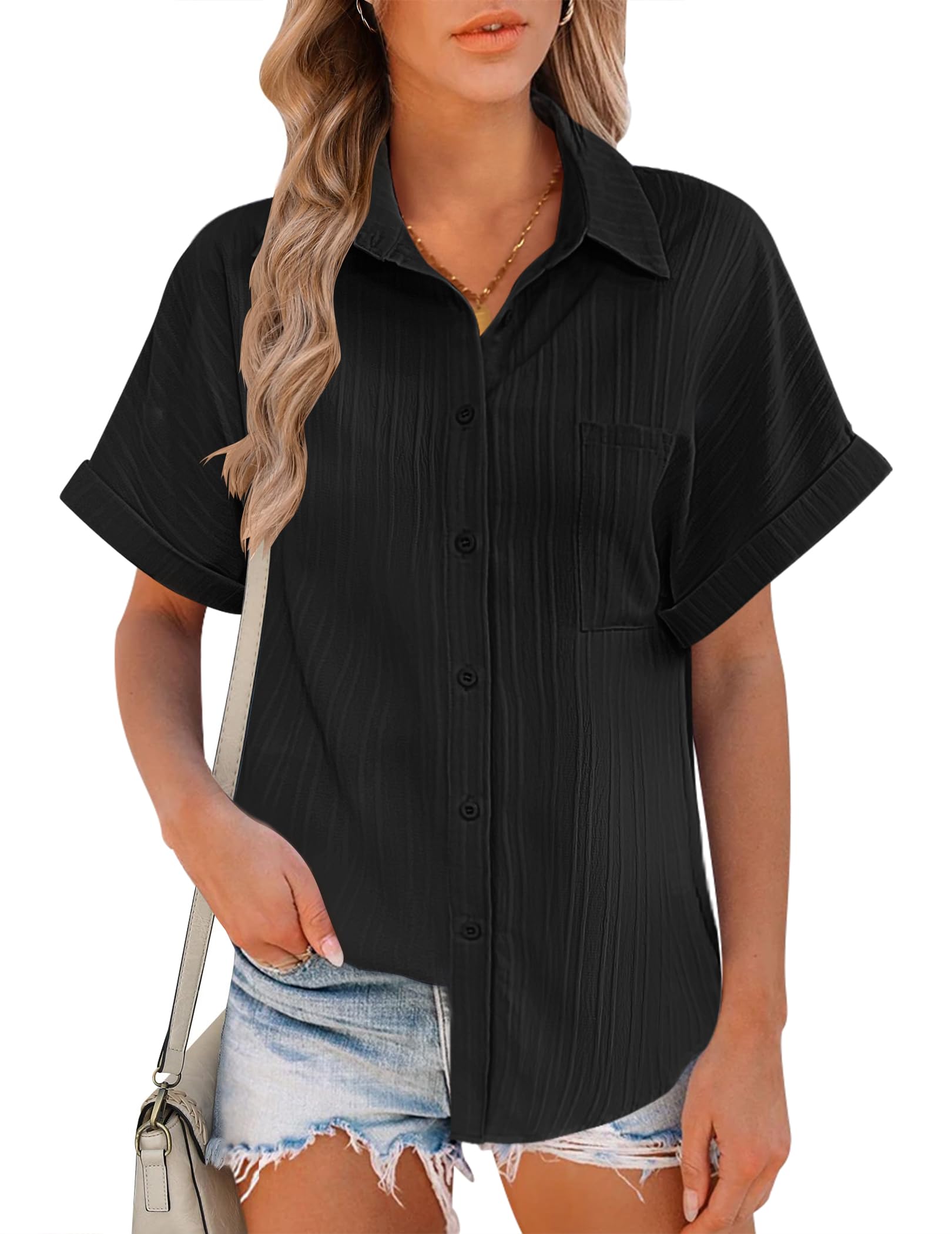 Hotouch Blusa de muselina para mujer, informal, manga corta, blusa de verano, cuello en V, lisa, elegante, con bolsillo