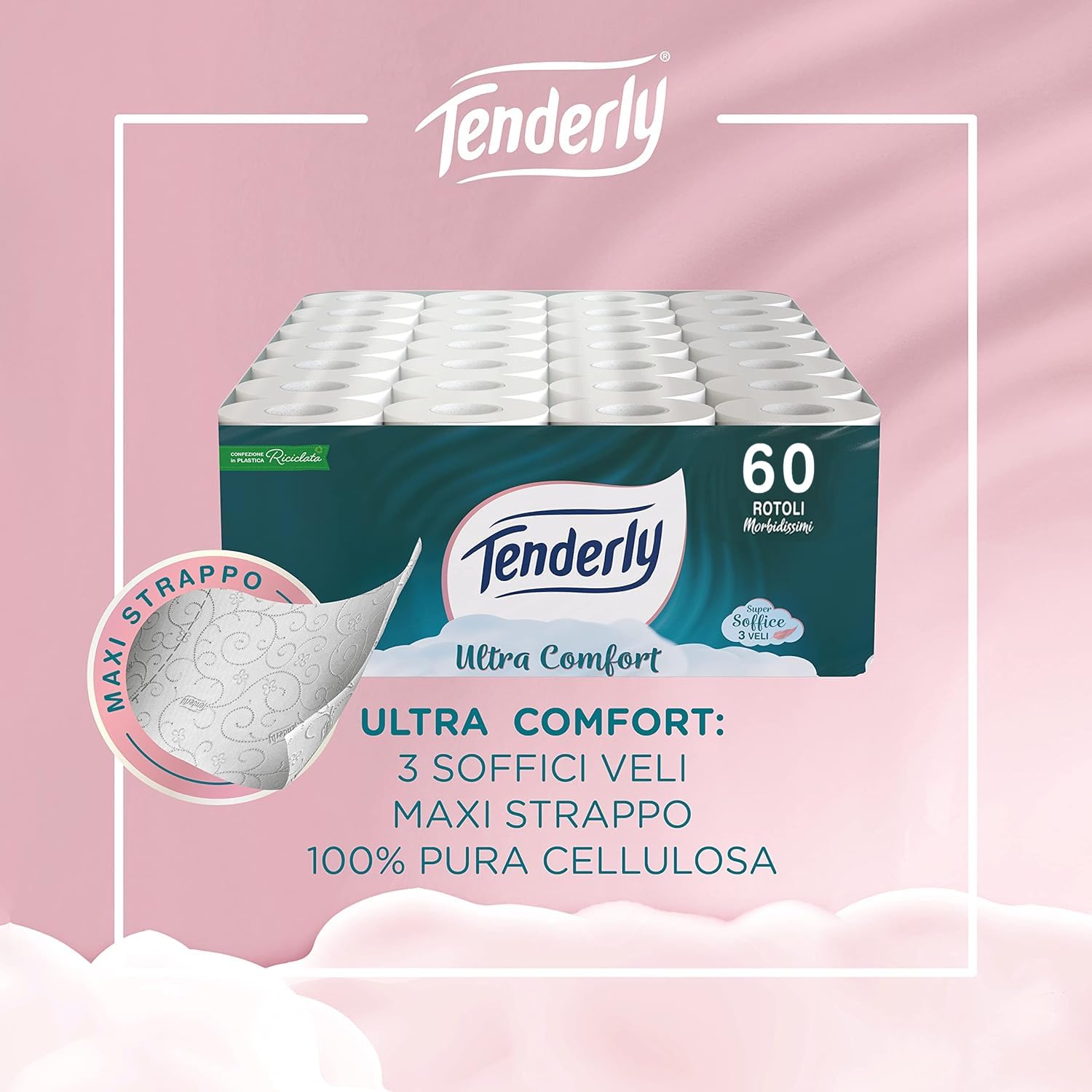 Tenderly Ultra Comfort 60 rotoli di carta igienica pura, 3 veli, + di 12.000 strappi, delicata sulla pelle