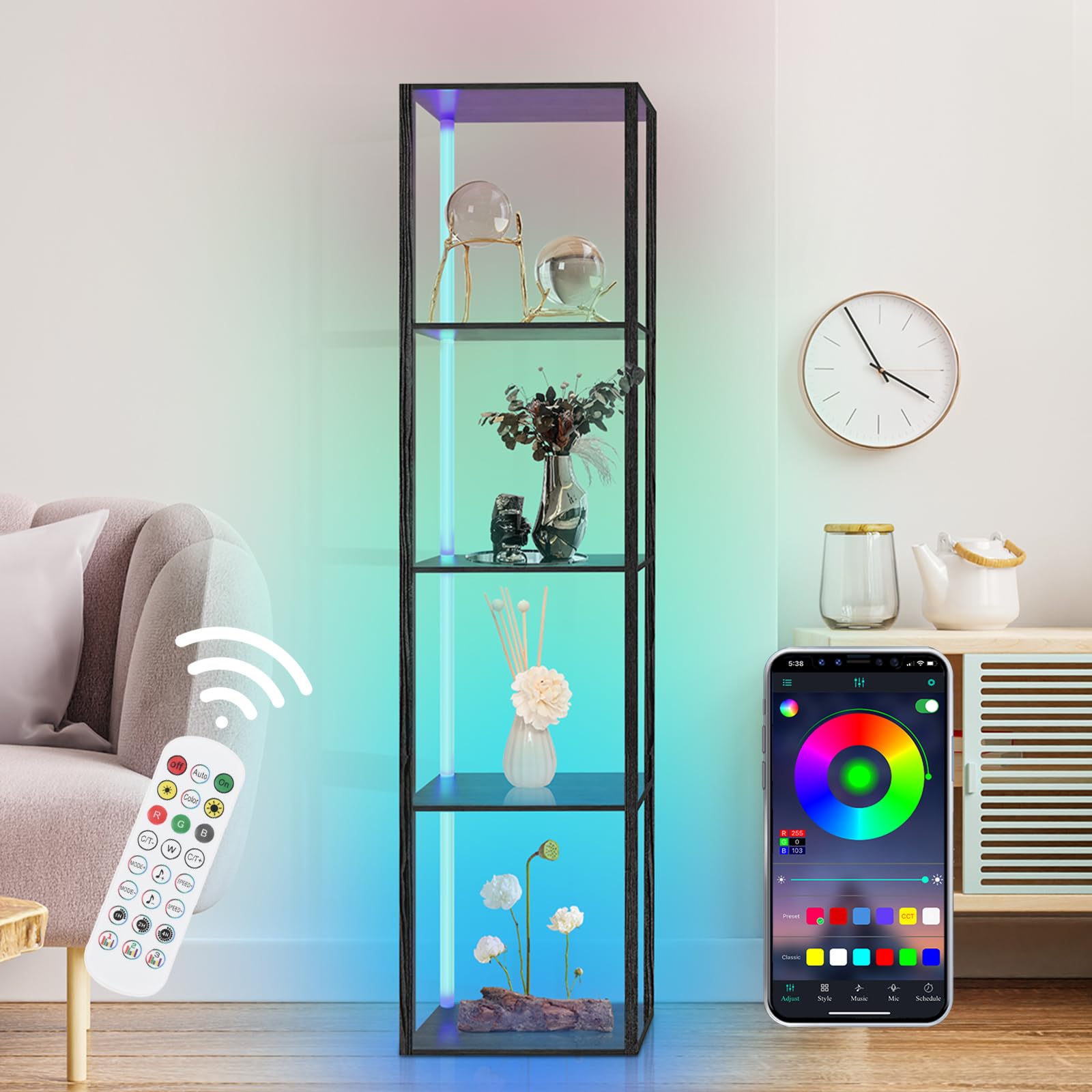 XIIW Libreria con illuminazione a LED, 5 livelli lampada da terra con ripiano, lampada da terra soggiorno in legno con app e telecomando, mensola angolare per soggiorno, camera da letto, studio