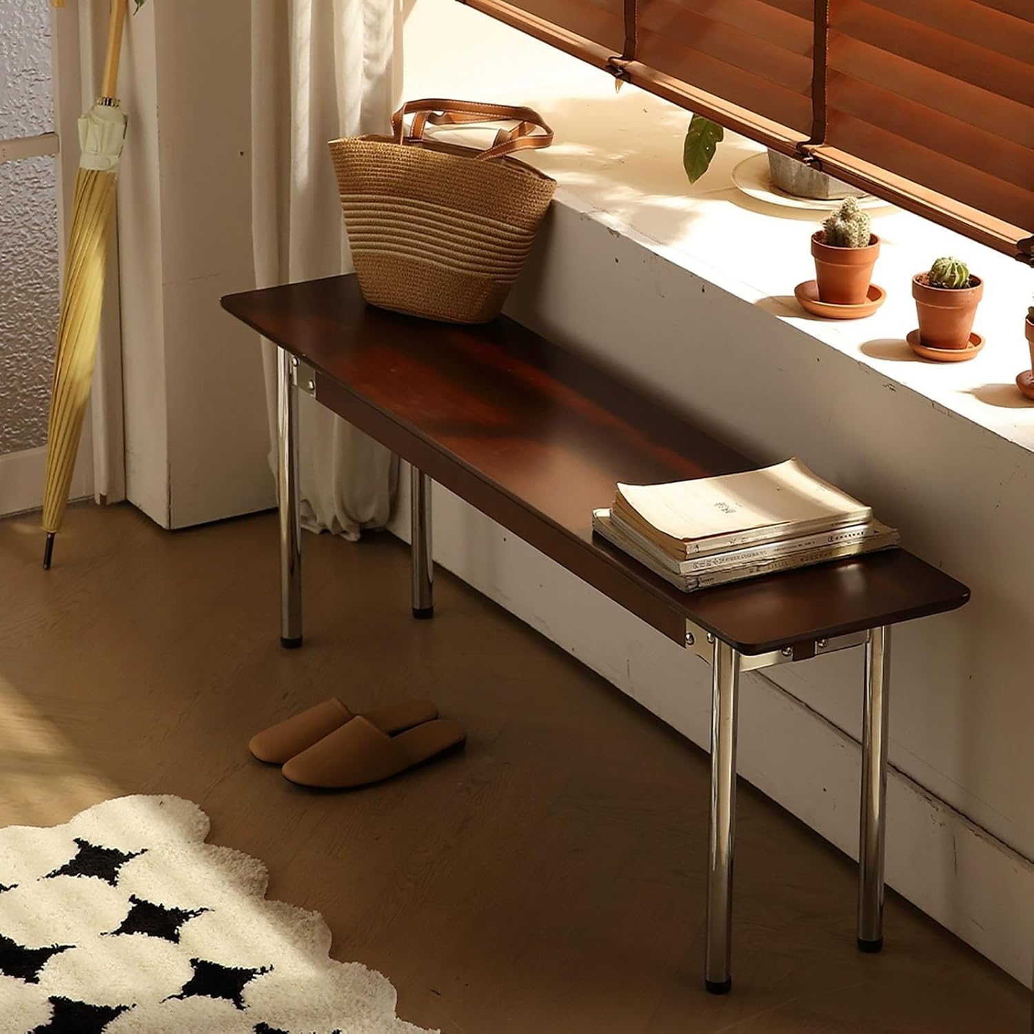 43.3" 51" Long Entryway Bench Solid Wood Dining Shoe Rack End of Bed Bench Easy to Assemble with Metal Legs Sturdy Supports 440lb for Bedroom/Living Room/Hallway(Walnut Color,43.3")