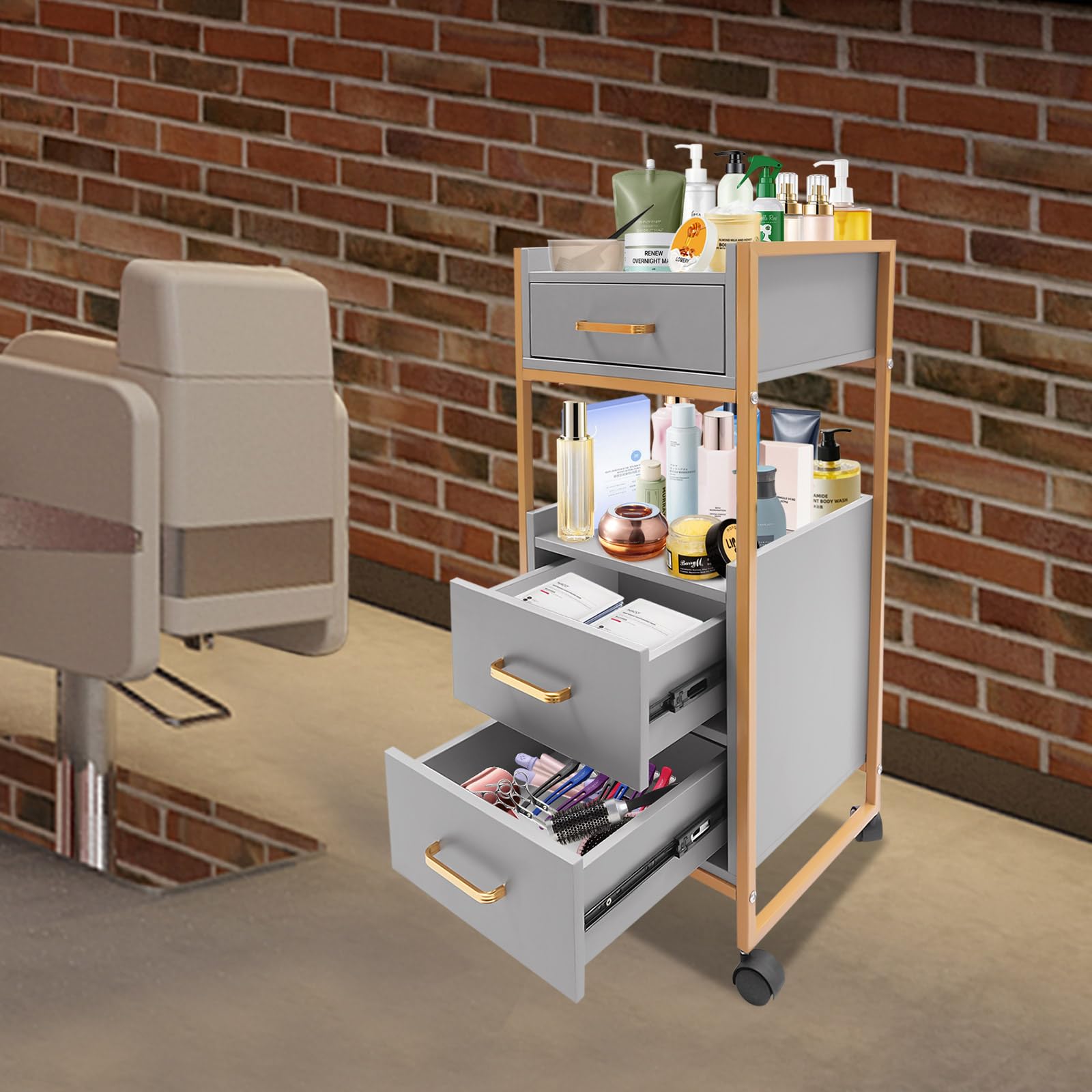 Carrito de cosméticos con ruedas, 3 cajones y soporte para secador, carrito auxiliar con armario, carrito de trabajo moderno para baño y sala de estar (Gris)