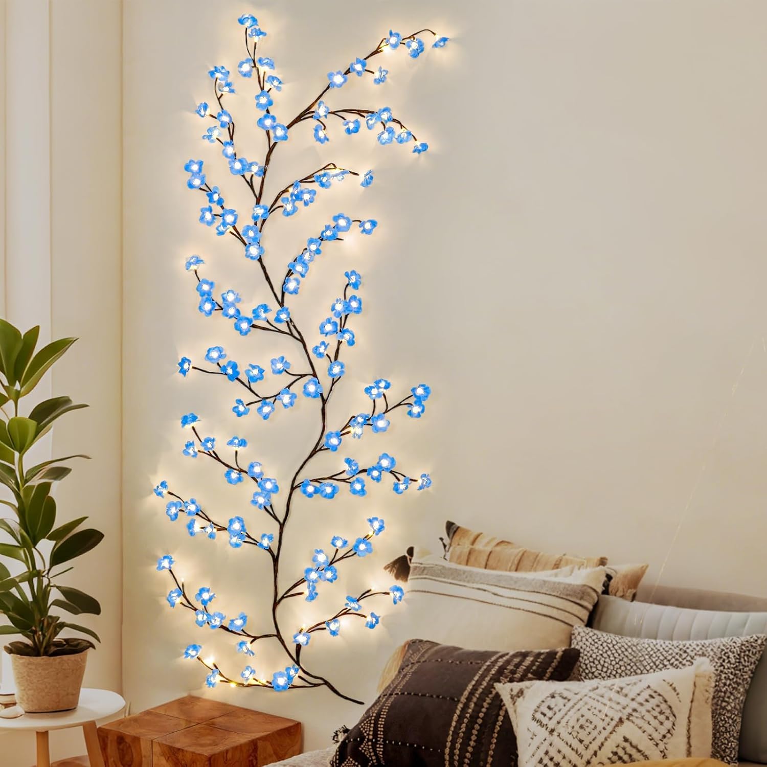 gresonic Leichte Kette, Rosa, Dekoration, USB, Weidenrebe mit Fernbedienung, 8 Modi, Zweig, Rosa, für Wein, Dekoration, Schlafzimmer, acht Dekoration (Blue Cherry Blossom 144 LED)