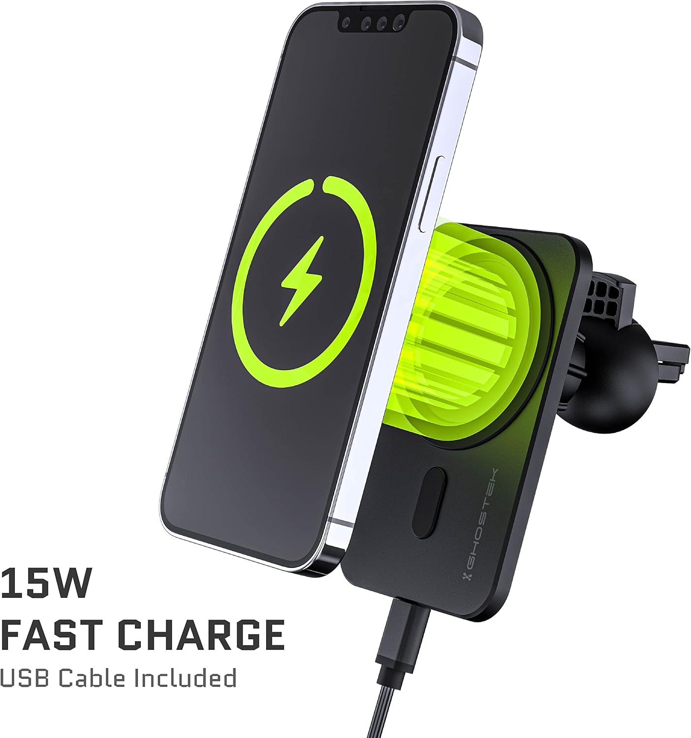 iPhone wirelessly fast charging on the Ghostek NRGmount MagSafe Car Mount Charger.