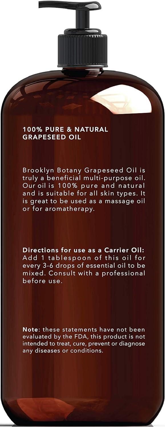 Brooklyn Botany Grapeseed Oil for Skin and Hair – 100% Pure and Natural - Carrier Oil for Essential Oils, Aromatherapy and Massage – Moisturizing Skin, Hair and Face – 16 fl Oz : Beauty & Personal Care